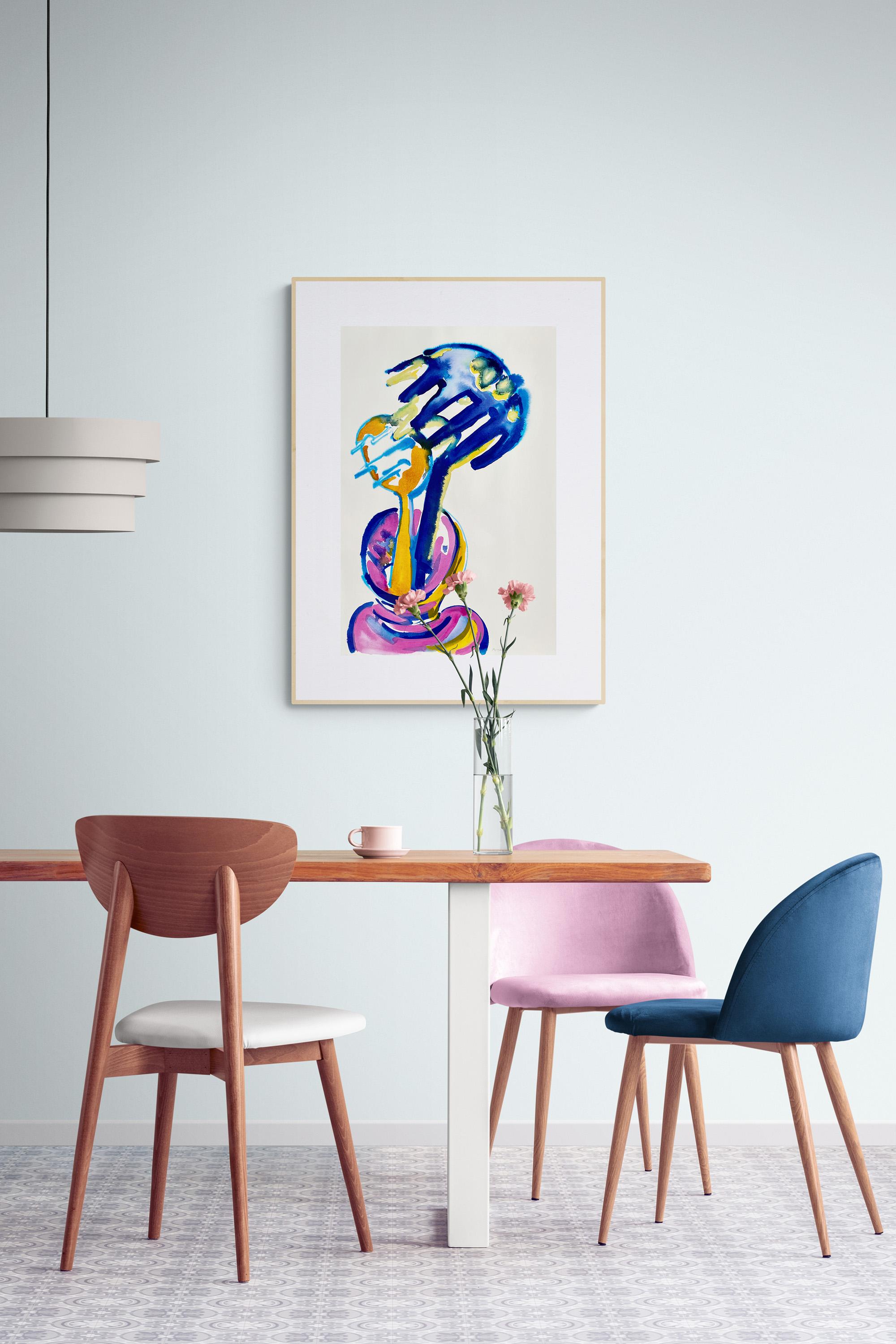 Monica DeSalvo’s “Two Spaghetti Spoons'' is a 28 x 20 inch playful acrylic painting on 100% cotton archival printmaking paper with deckled edges. Bold brush strokes of deep blue, ochre and hot pink swirl into a whimsical contour of two pasta