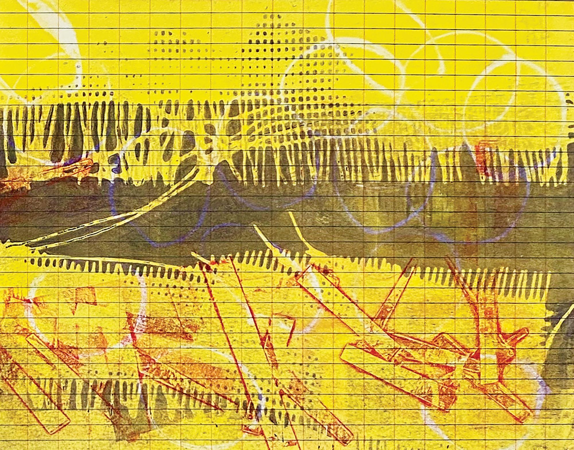 "Gish Gallop", abstrait, acrylique, monotype, rouge, bleu, vert, jaune, toile de jute