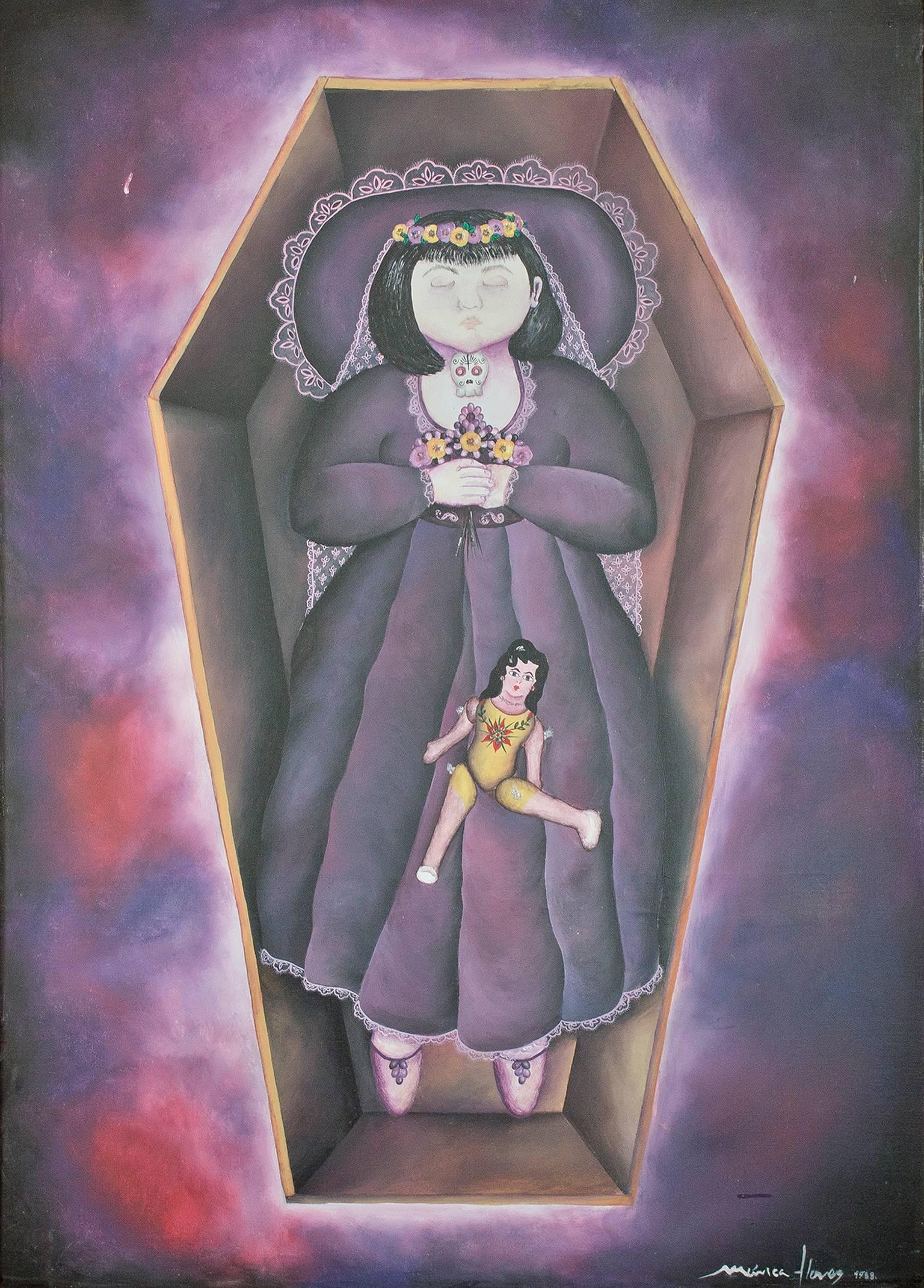 Monica Flores Martinez Portrait Painting - "Y Un Dia, Mi Muerte (And One Day, My Death), " Acrylic & Oil on Canvas signed