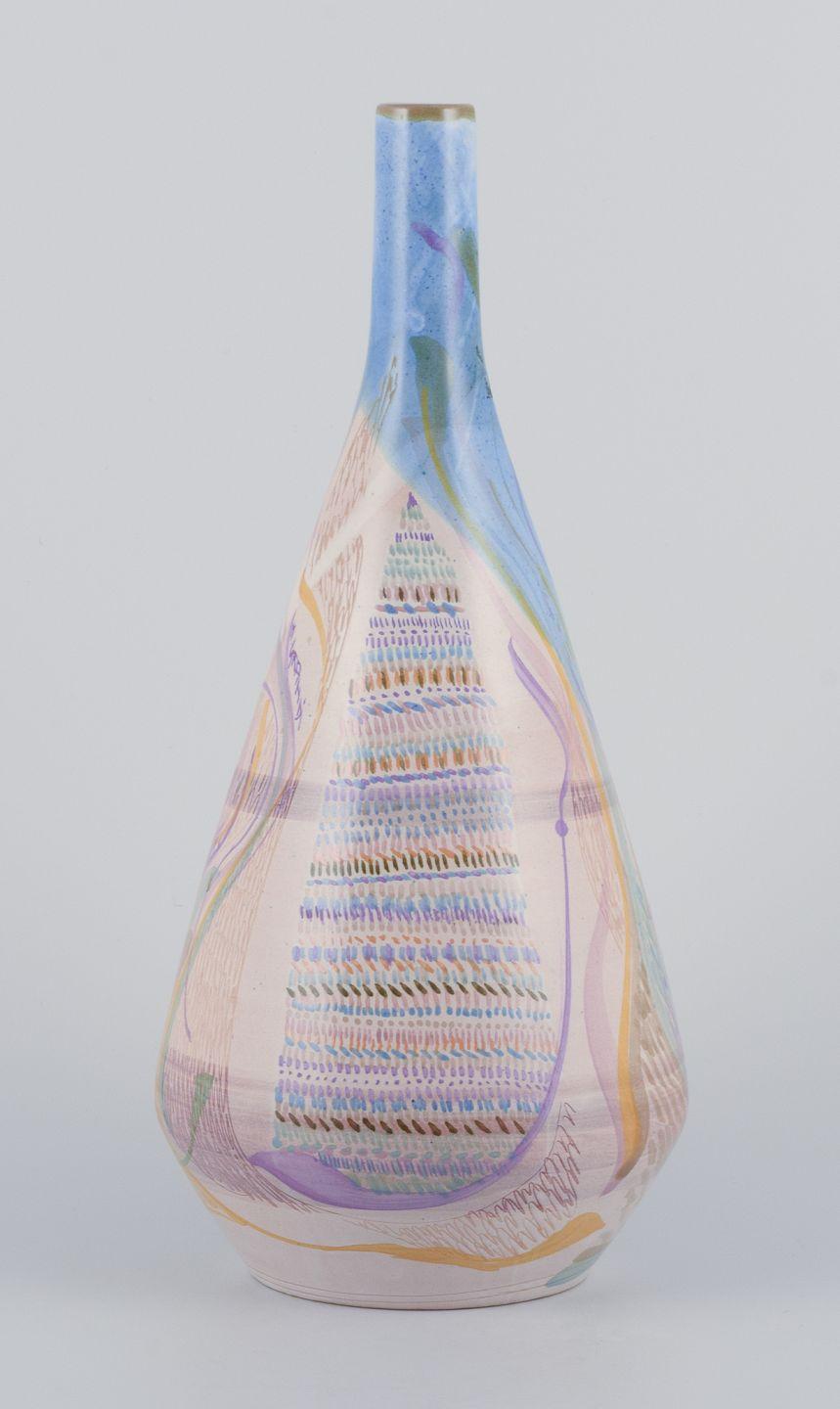 Pre-owned goods are exempt from import duties for U.S. customers. 
Therefore, no import tariffs will be applicable to your purchase.

Professor Monica Grandi, Italian ceramicist.
Unique ceramic vase with abstract motif. 
Hand-painted polychrome