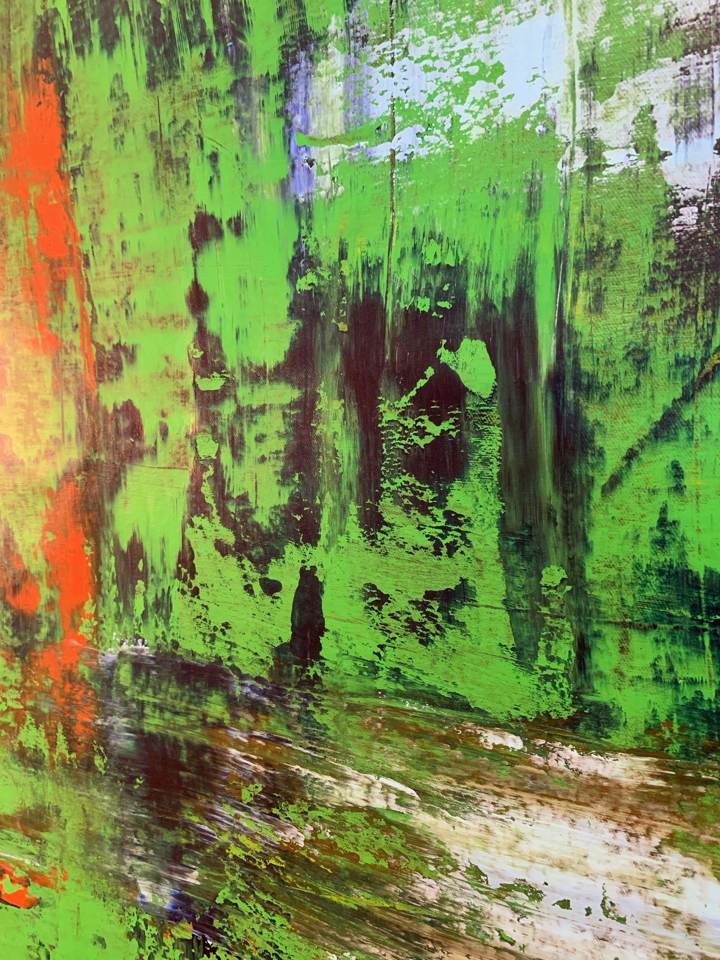 Ci sono molti strati in questo dipinto e quando l'ho finito ho potuto vedere qualcosa come uno stagno, una luce in tutto il verde della natura. Lo stagno e il colore rosso mi hanno fatto pensare a una Ninfea, ed è da questo che ho tratto il titolo.