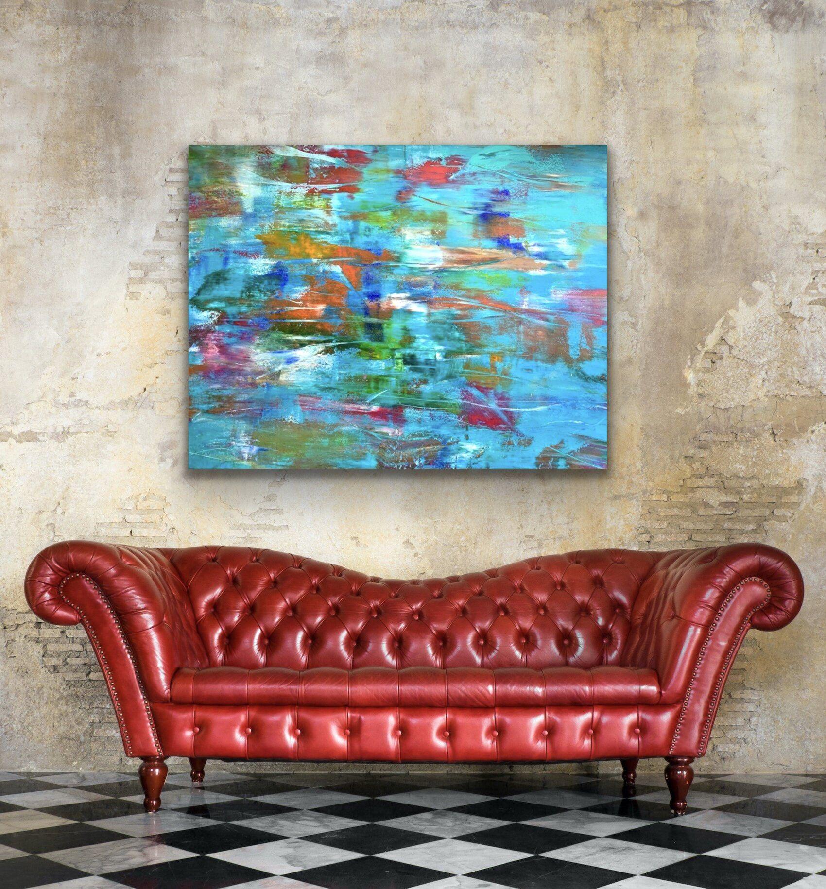Ci sono molti strati e molti colori diversi in questo dipinto, ho continuato a cambiarli e a spostarli finché non mi sono sentito soddisfatto.  E alla fine, guardando la tela, tutti i diversi colori mi hanno fatto pensare a pesci belli e colorati,