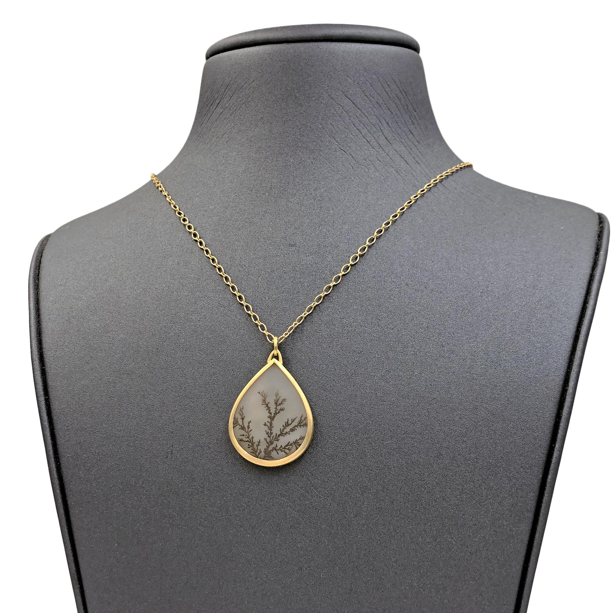 One of a Kind Drop Necklace handcrafted in matte-finished 18k yellow gold by jewelry artist Monica Marcella showcasing a stunning natural pear-shaped dendritic quartz and attached to an 18k yellow gold link chain. Total necklace length is 20 inches.