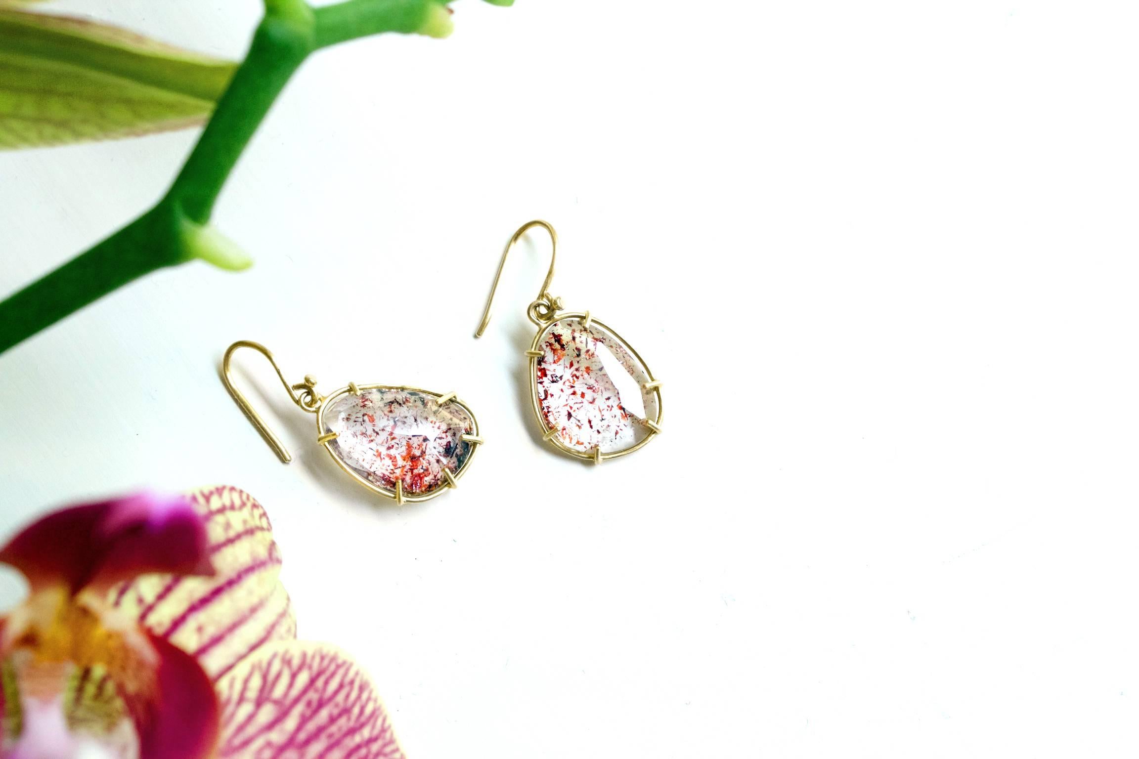 Cage Dangle Drop Earrings handcrafted by jewelry designer Monica Marcella in matte-finished 18k yellow gold featuring a spectacular matched pair of faceted strawberry quartz (lepidocrocite). 