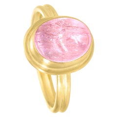 Monica Marcella Glowing Pink Topaz Oval Cabochon Ridged Gold Band Ring
