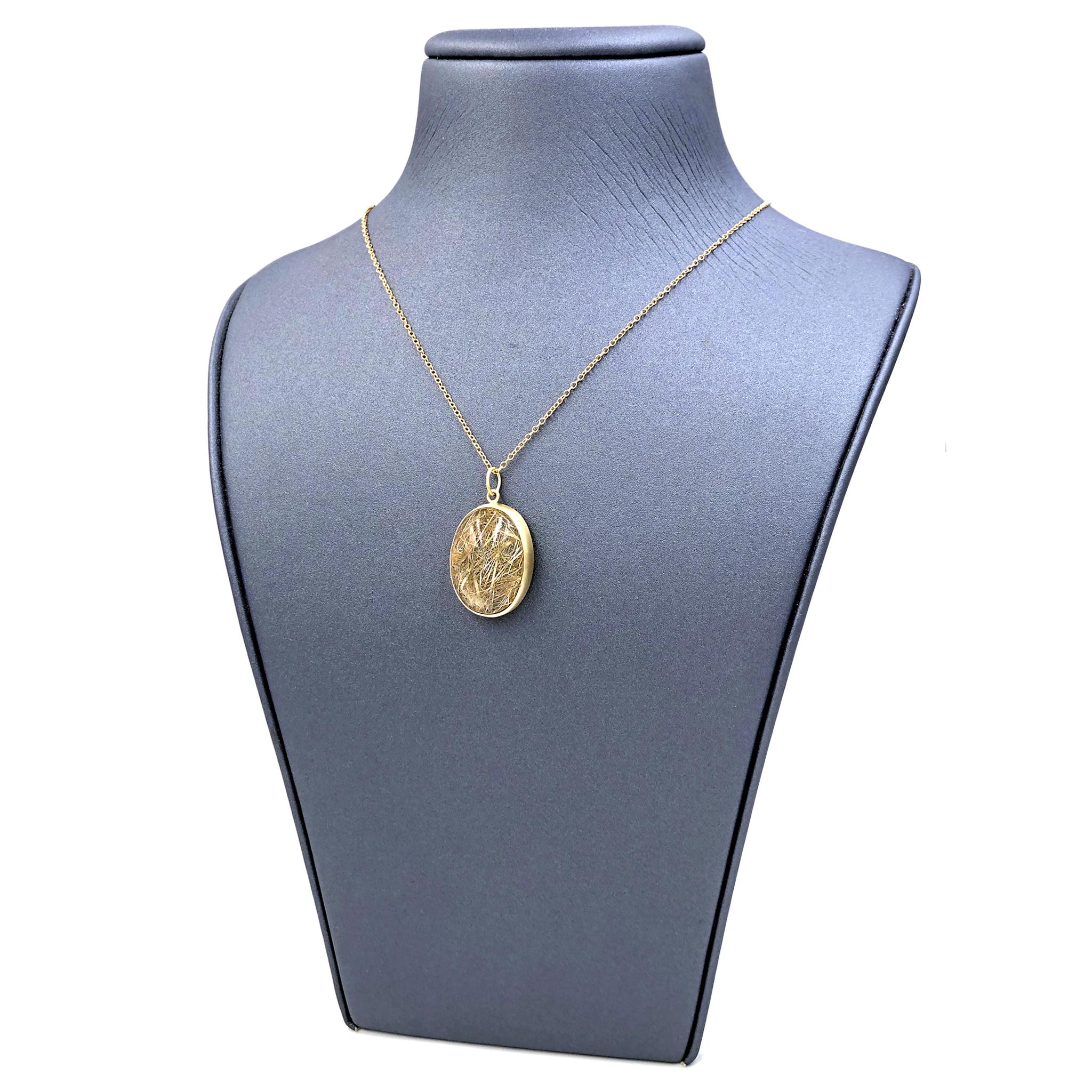 One of a Kind Drop Necklace handcrafted by jewelry artist Monica Marcella featuring a phenomenal golden rutilated quartz cabochon bezel-set in matte-finished 18k yellow gold  and attached to an 18 inch long 18k yellow gold link chain. Stamped 750.