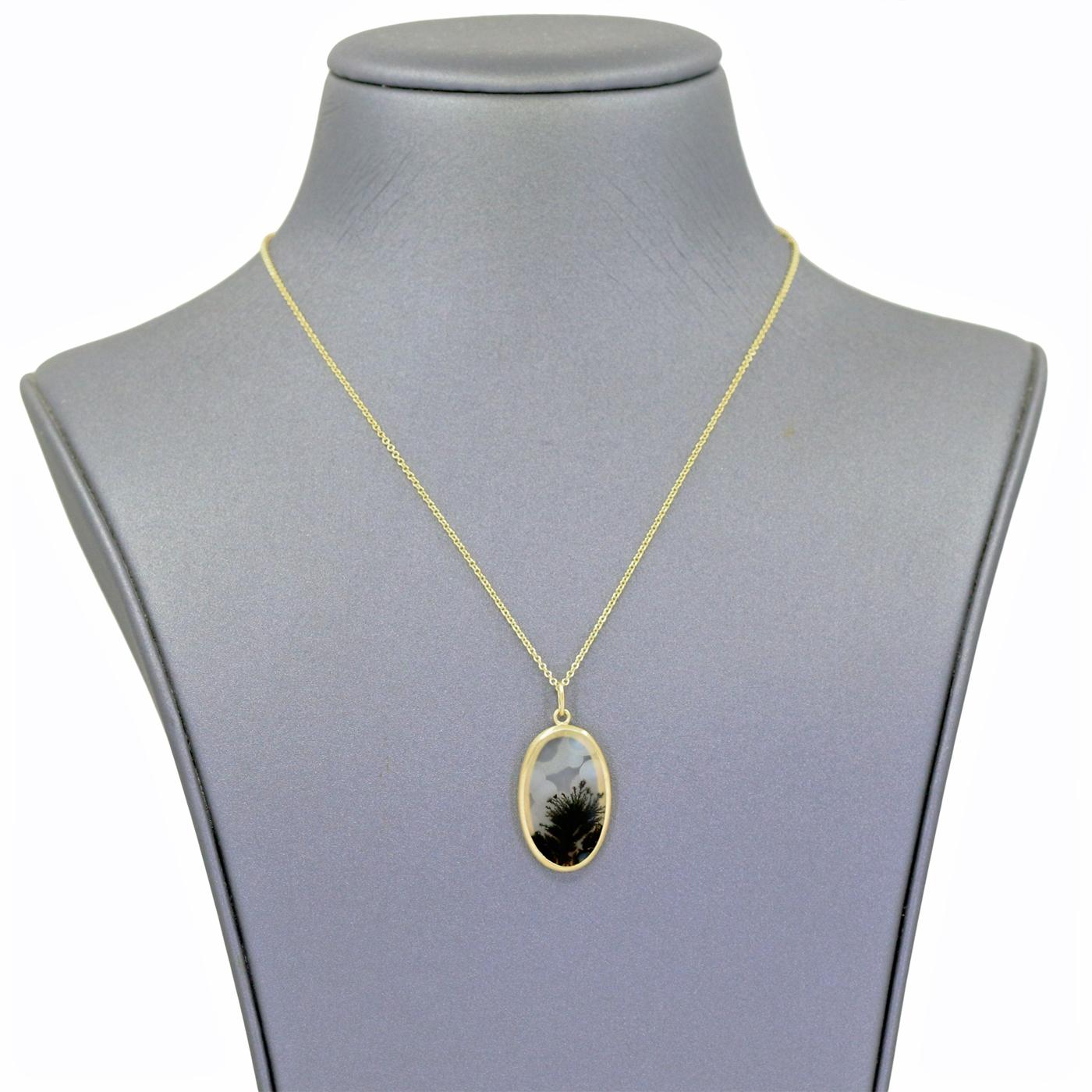 One of a Kind Drop Necklace handmade by jewelry artist Monica Marcella featuring a remarkable, three dimensional, translucent dendrite quartz with distinctive cloud patterning, hand-fabricated in Monica's matte-finished 18k yellow gold on an 16 inch