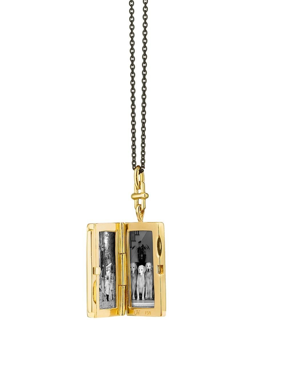 This modern Monica Rich Kosann deco inspired 18K Yellow Gold rectangular locket features a decorative bridle bail. It holds two photos and is presented on a 32” black steel chain for a contemporary yet classic finish. Fill your locket with your