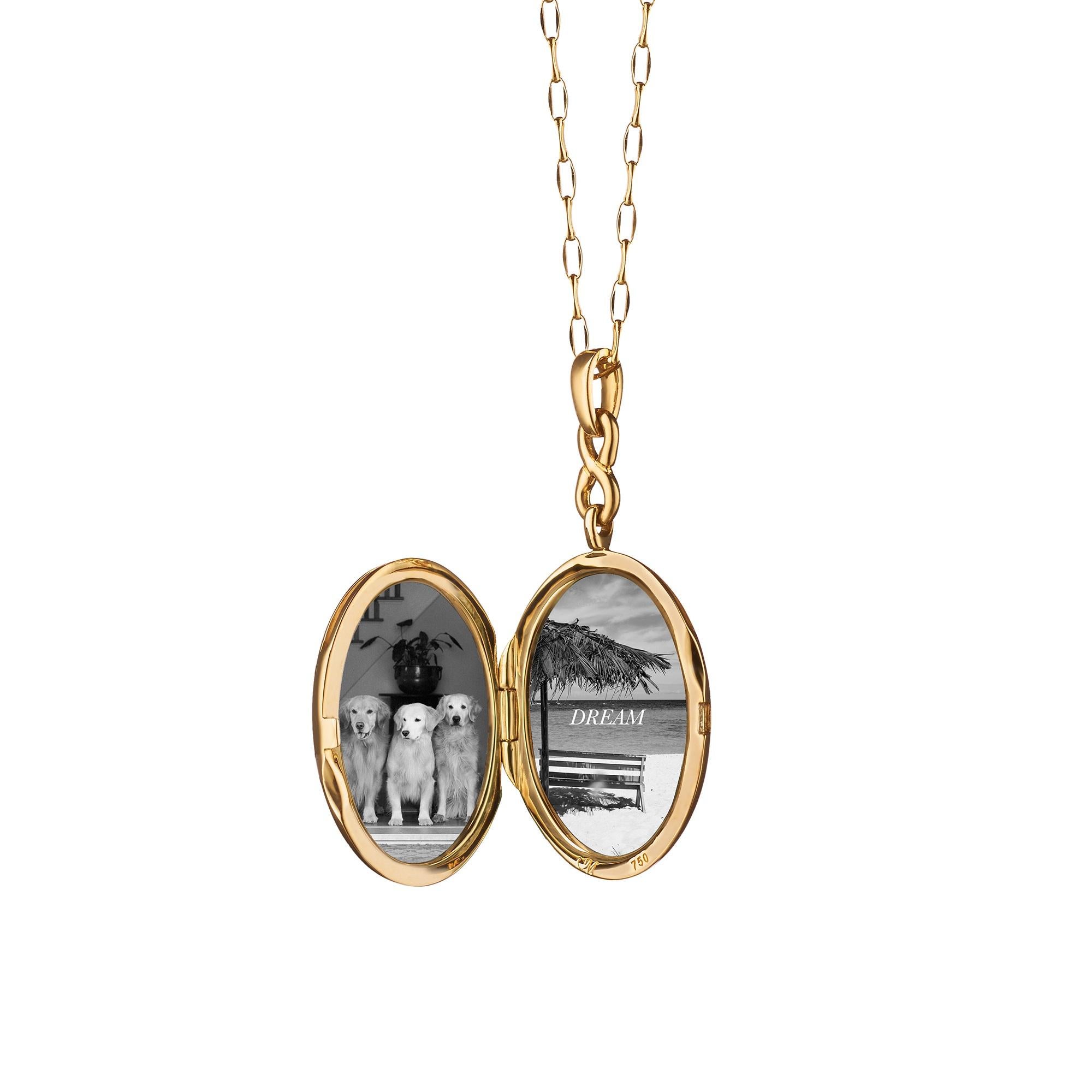 Our Infinity locket is the ultimate everyday piece for the contemporary woman. This 18K yellow gold locket has an infinity design bail with a center rose-cut diamond and is presented on a 30