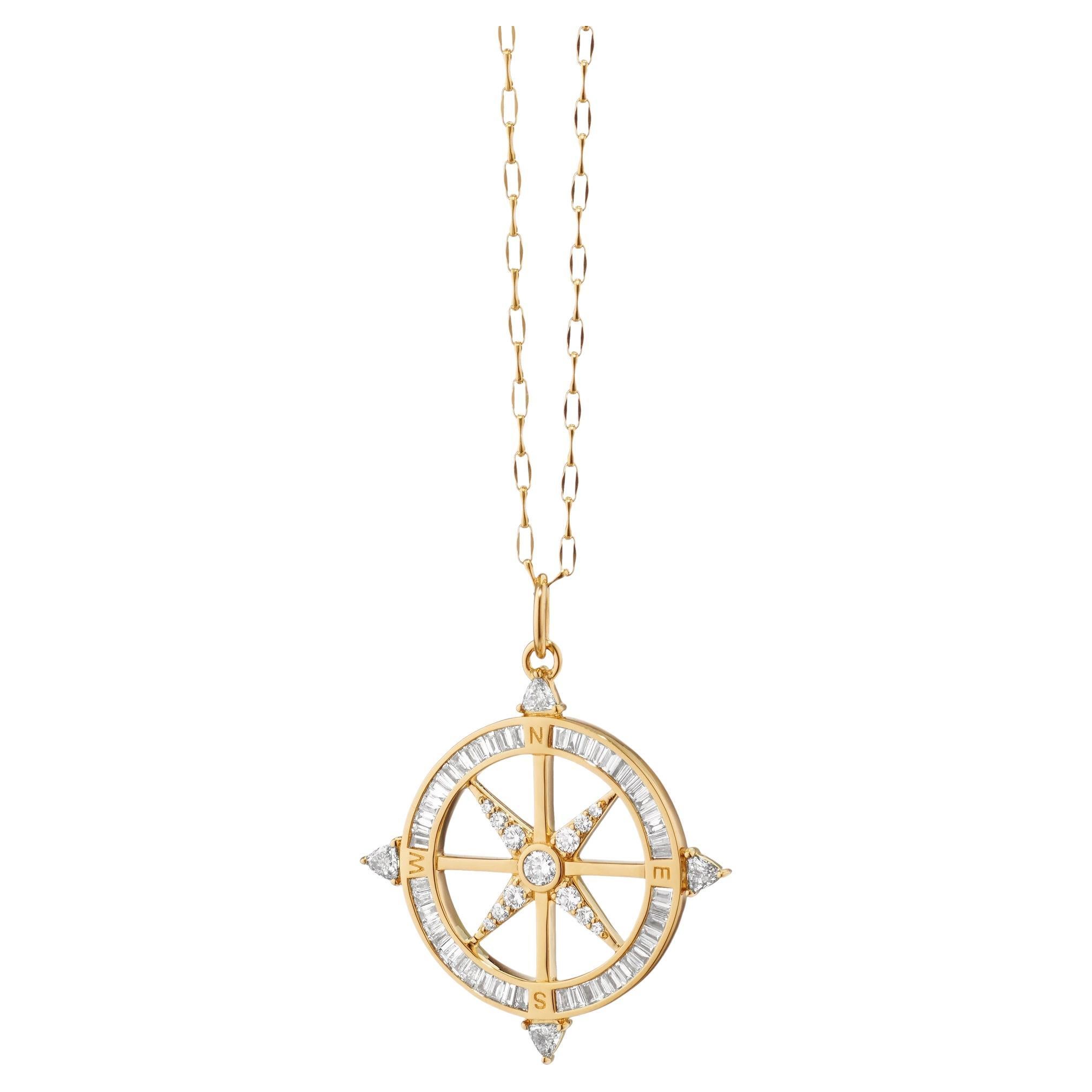 Monica Rich Kosann 18K Gold "Adventure" Compass Necklace with Baguette Diamonds For Sale