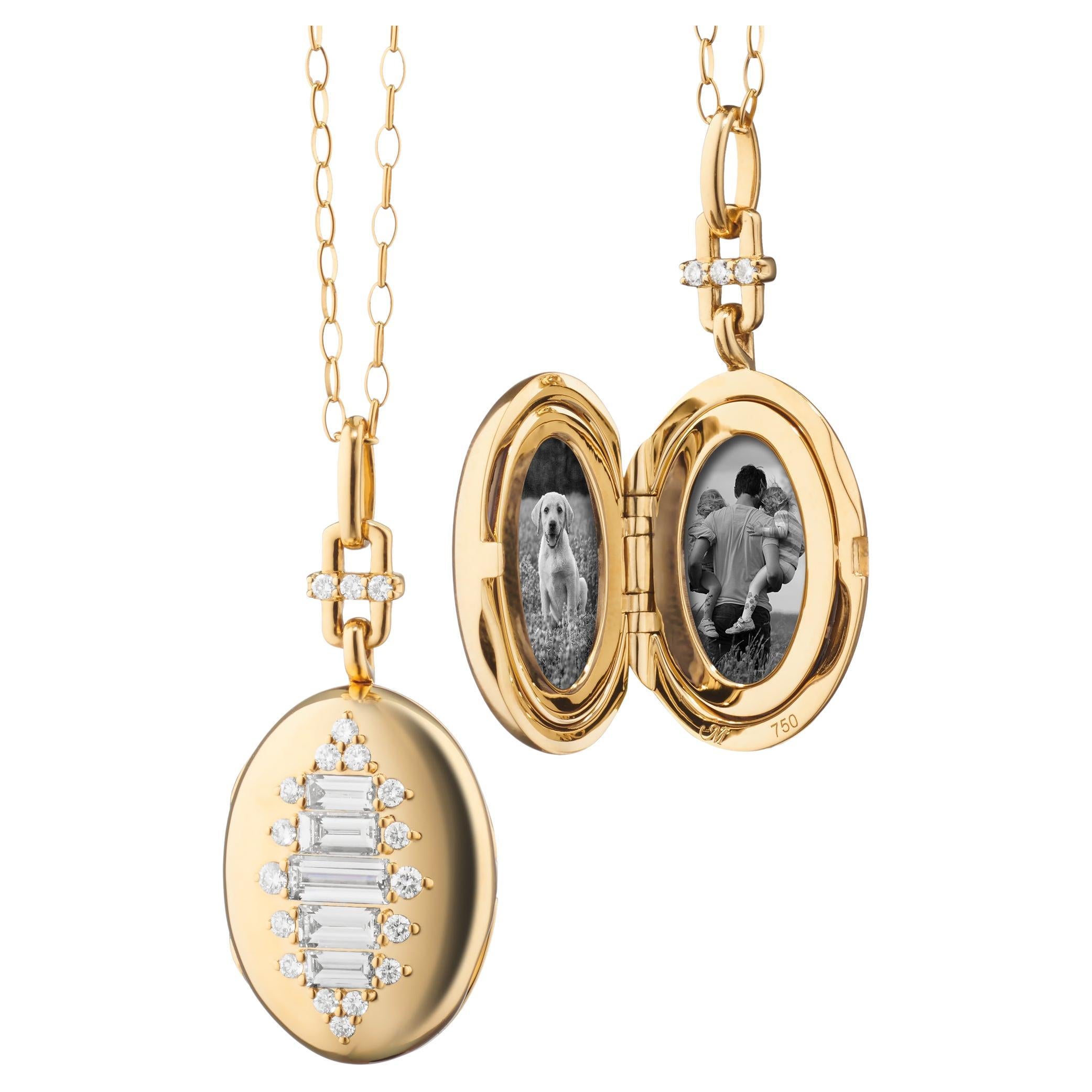 Monica Rich Kosann Collier médaillon « Olive » en or 18 carats avec diamants baguettes