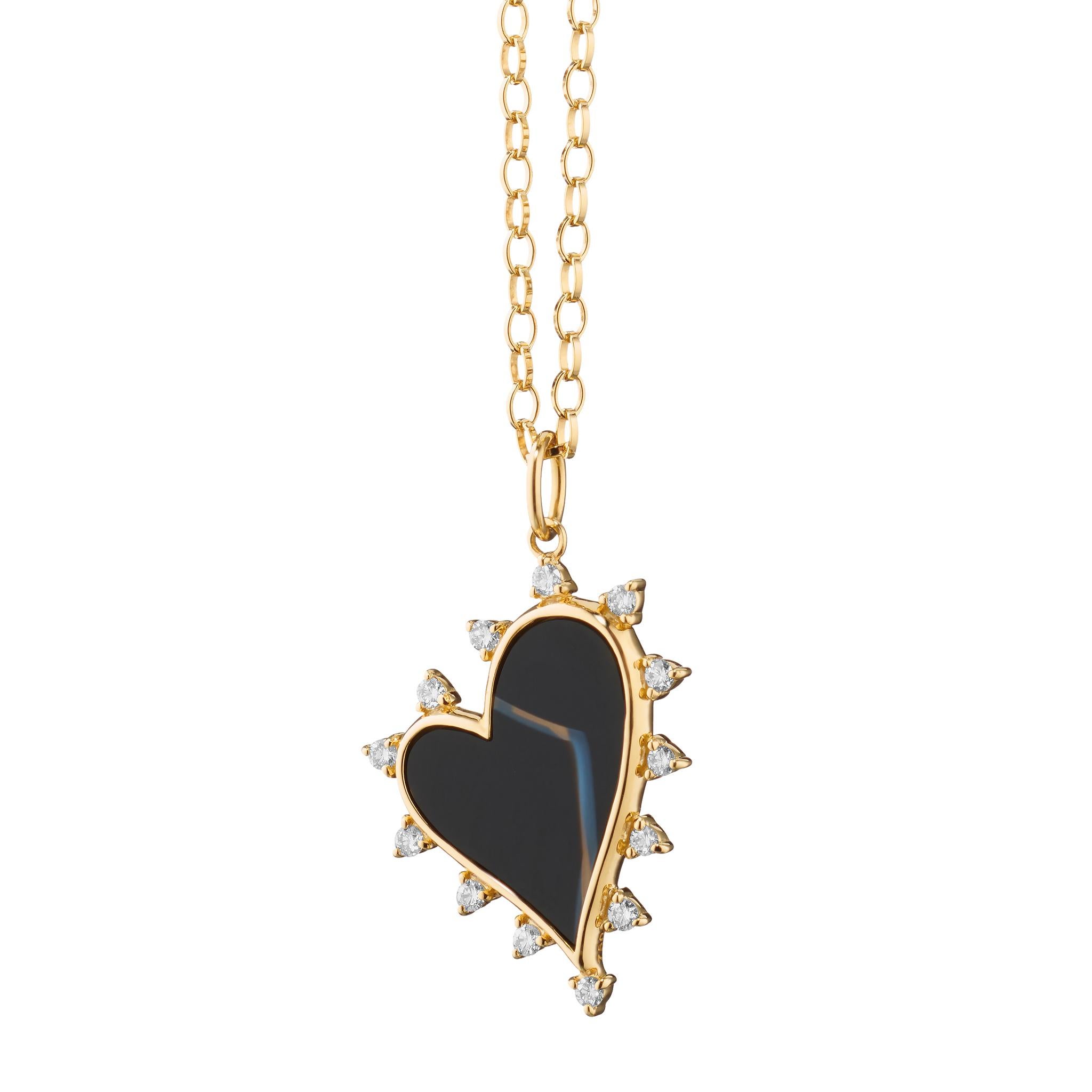 Brilliant Cut Monica Rich Kosann 18K Yellow Gold Black Agate Heart Necklace with Diamonds For Sale