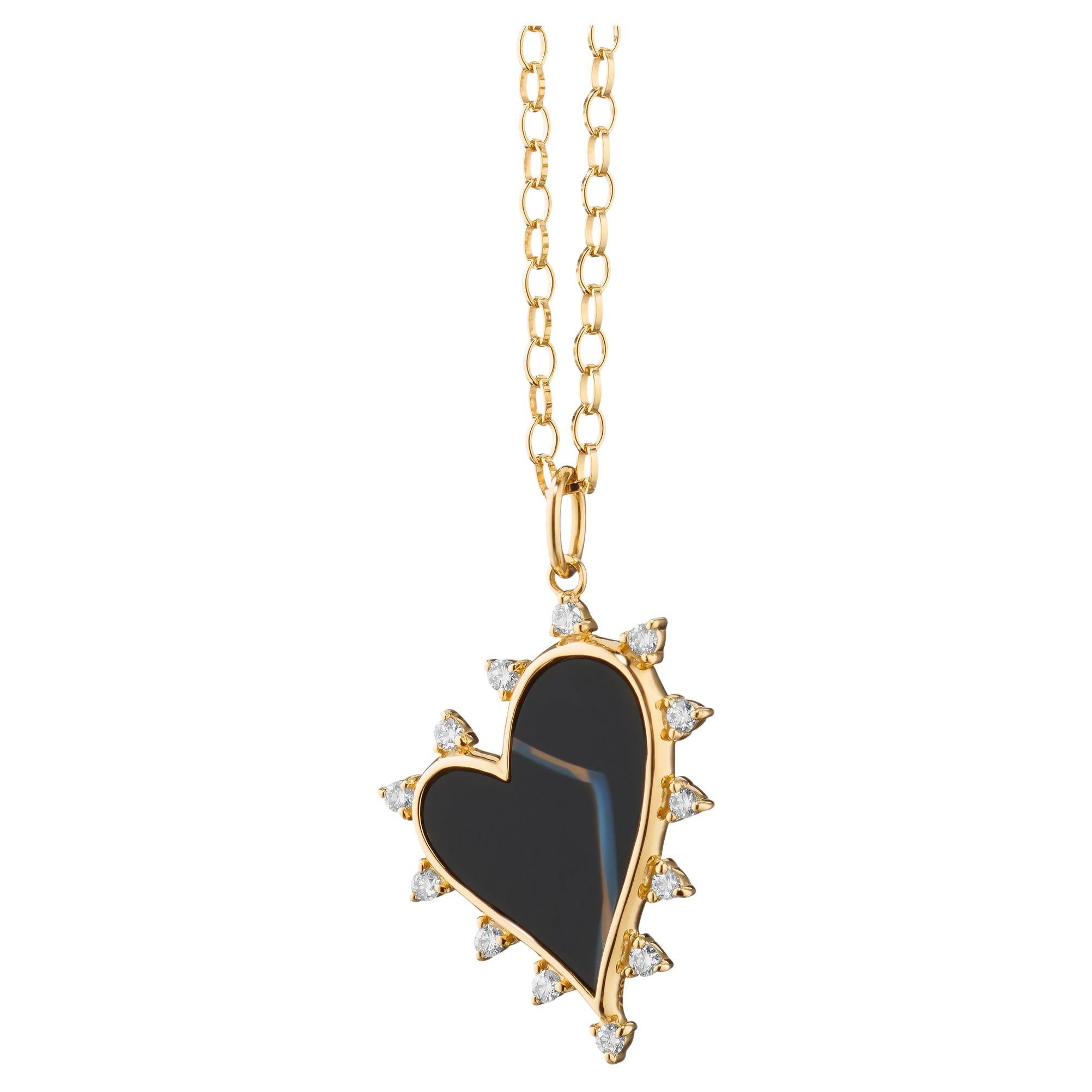 Monica Rich Kosann 18K Yellow Gold Black Agate Heart Necklace with Diamonds For Sale
