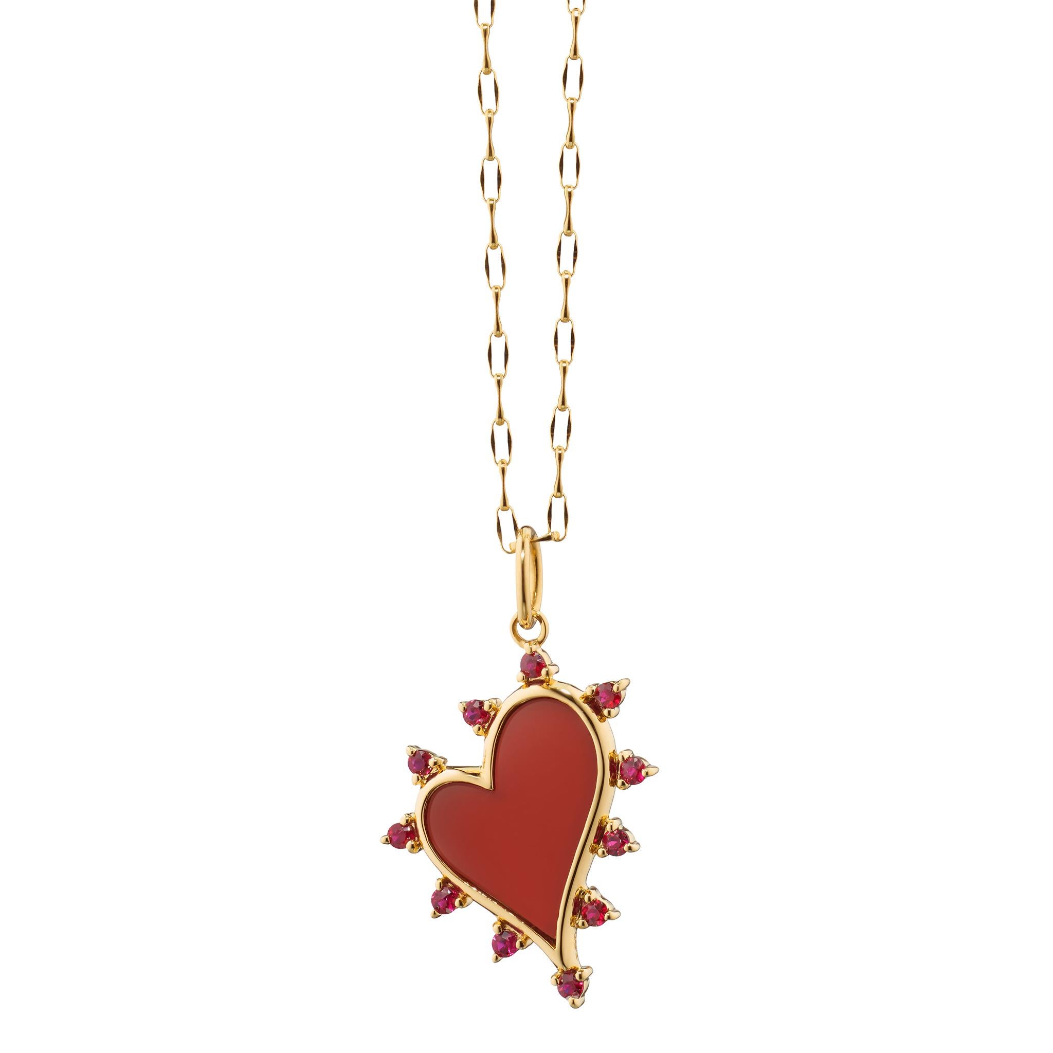 Contemporary Monica Rich Kosann 18K Yellow Gold Red Carnelian Heart Necklace with Rubies For Sale