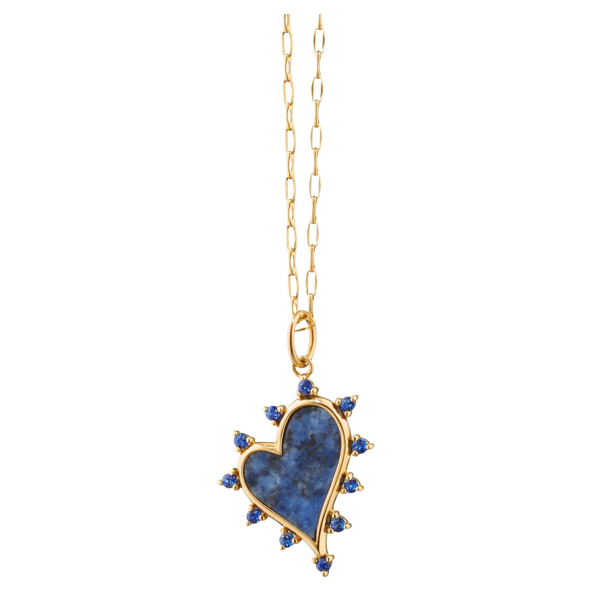 Monica Rich Kosann 18K Yellow Gold Sodalite Heart Necklace with Blue Sapphires For Sale