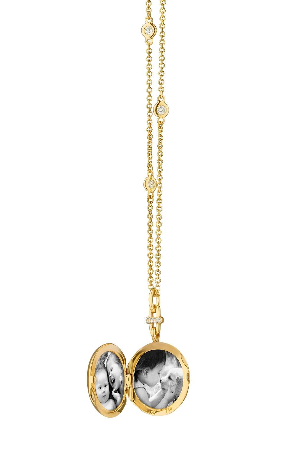 Give your look style with this Monica Rich Kosann round twinkle star locket in 18k yellow gold. This locket features a center star set with a diamond, decorative diamond bail and stunning 17