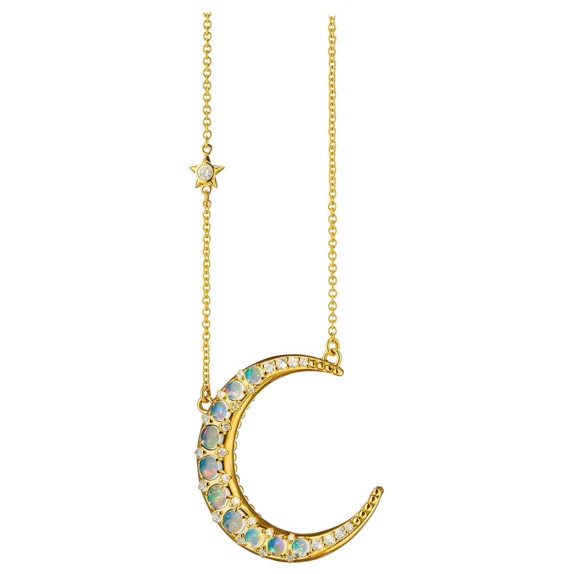 Monica Rich Kosann 18K YG Sun, Moon & Stars Water Opal Crescent Moon Necklace For Sale