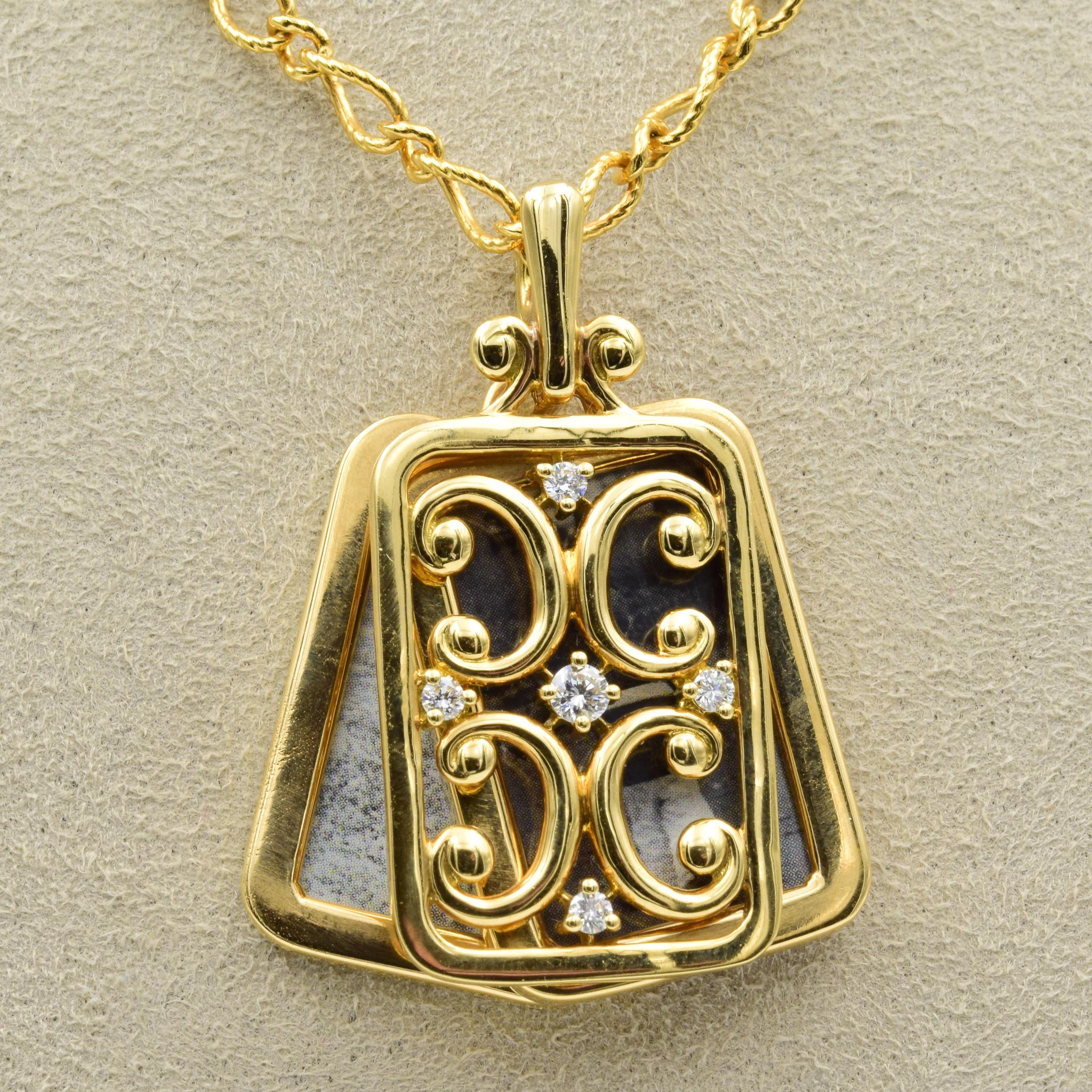 Inspired by a child peeking through an iron gate, this unique locket concept fashioned in solid 18K gold features two single image cases finished in high polish with Monica's signature floral pattern. The cases peek out from behind a scroll gate set