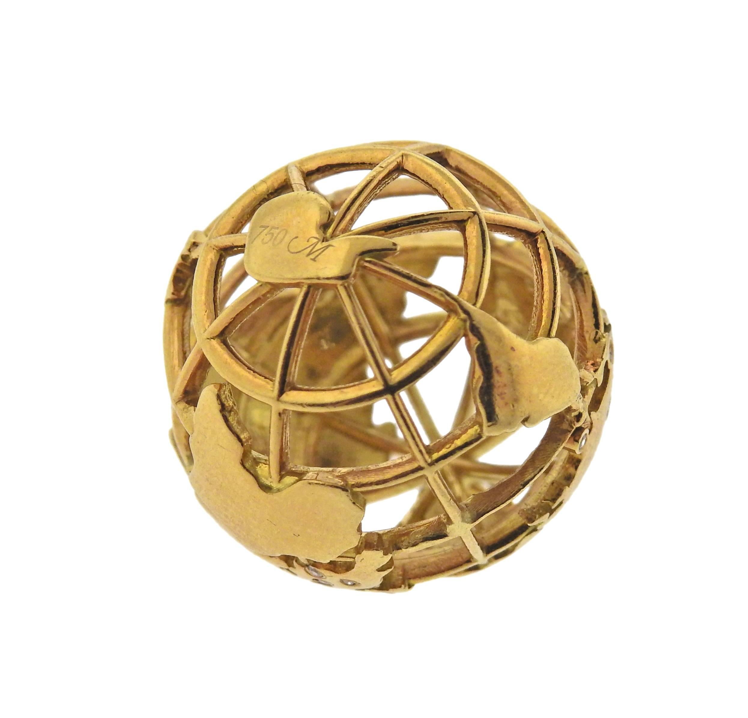 18k yellow gold charm by Monica Rich Kosann, set with diamonds, from My Earth collection. Retail $3525. Charm is 21mm in diameter x 24mm long with bale, weight is 10.5 grams. Marked 750, M mark. 