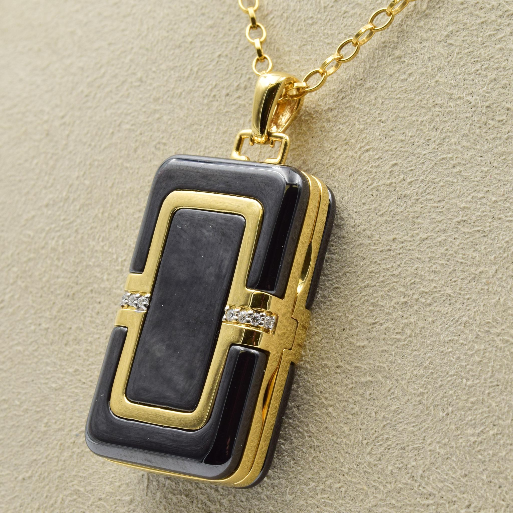 This is a brand new Monica Rich Kosann Necklace and we are an authorized dealer.  Please let us know if you have any further questions regarding this piece.  

18K Yellow Gold and Ceramic
32” Yellow Gold Chain
Set with Diamonds
Locket Measures