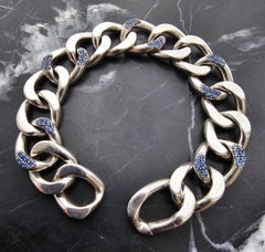 Monica Rich Kosann Sterling Silver Pave Sapphire Curb Link Bracelet 7.5" 61.2g