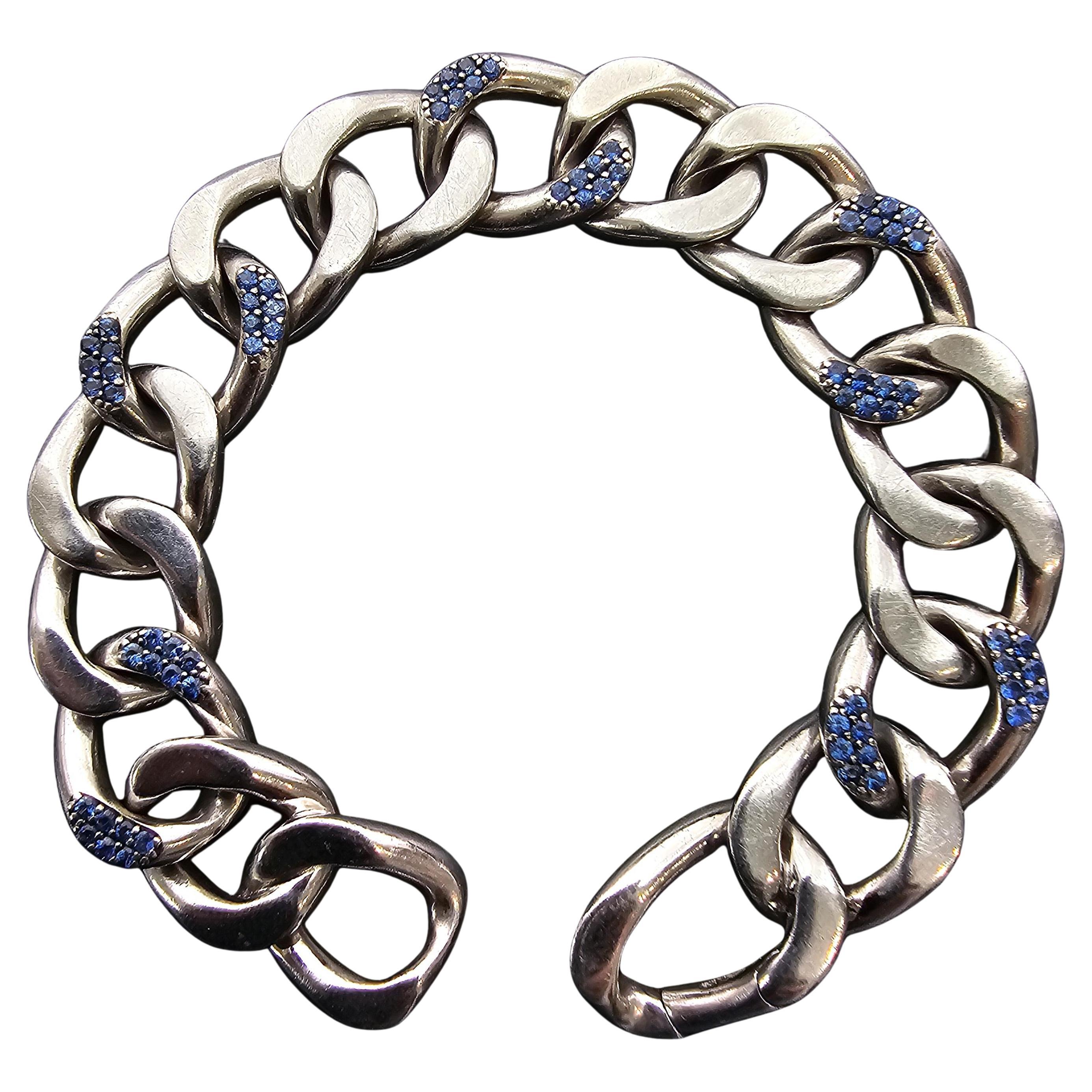 Monica Rich Kosann Sterling Silver Pave Sapphire Curb Link Bracelet 7.5" 61.2g For Sale