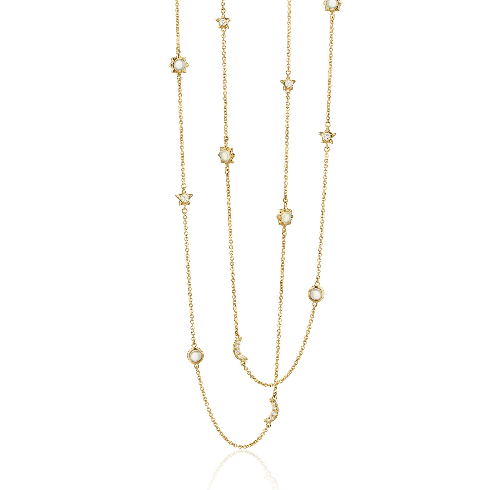 From Monica Rich Kosann's Sun, Moon and Stars Collection, this 18K Gold chain chain necklace inspires the magical quality of space by featuring (5) of the following accents - diamond moons, bezel set crystal opal suns and bezel set diamond stars.
