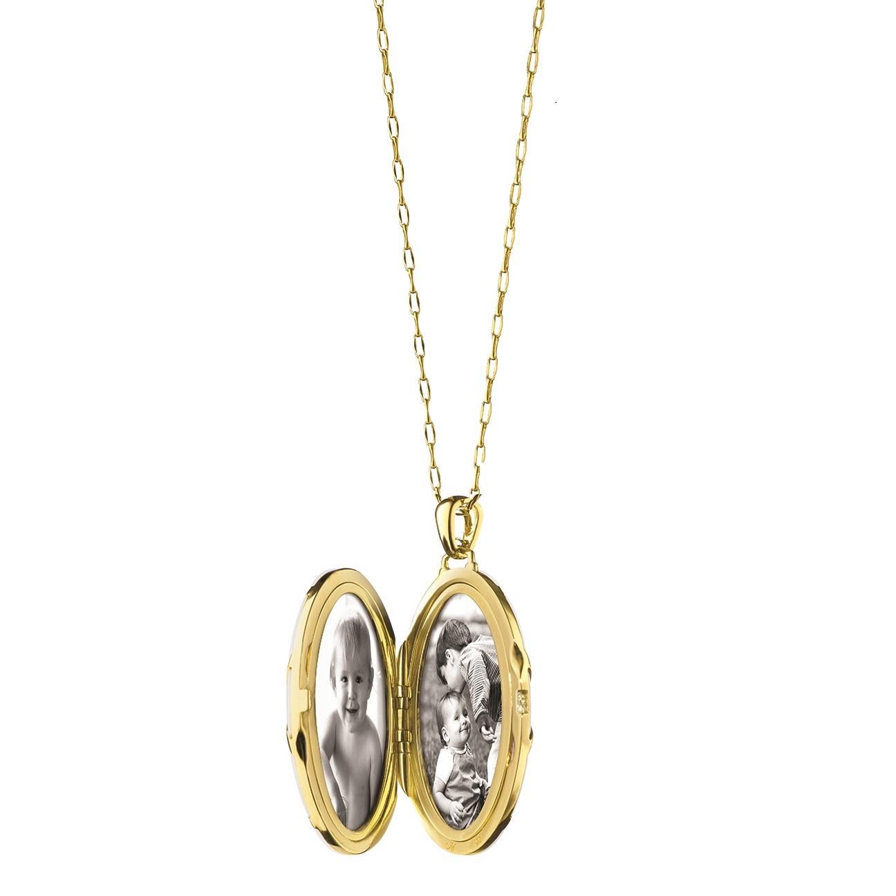 This elegant Monica Rich Kosann 18K Yellow Gold and White Ceramic Locket with a chevron design is presented on a 30