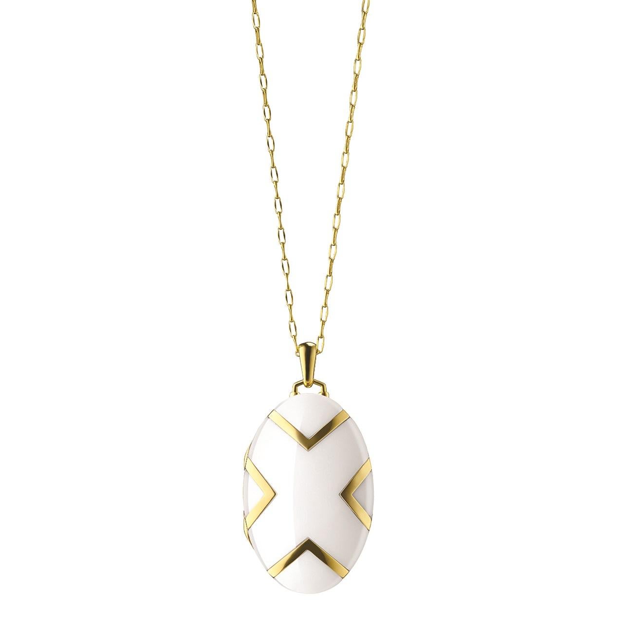 Monica Rich Kosann White Oval Chevron "X" Ceramic and 18K Gold Locket