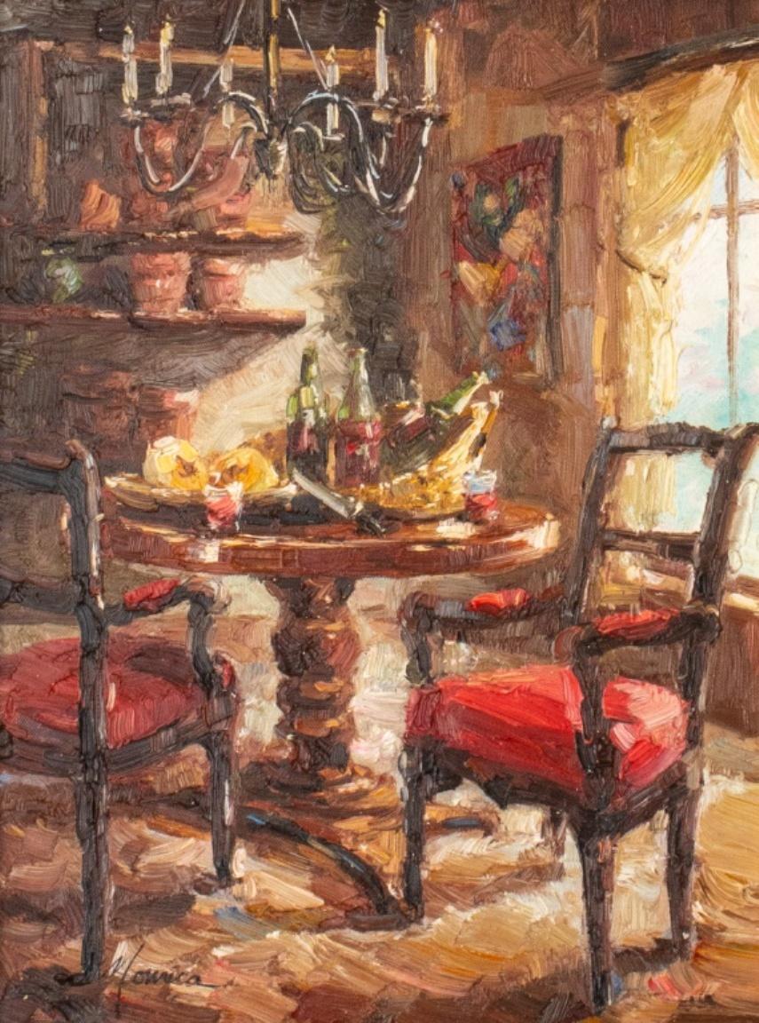 Impressionistic oil painting on canvas depicting an interior scene of a dining room, signed 