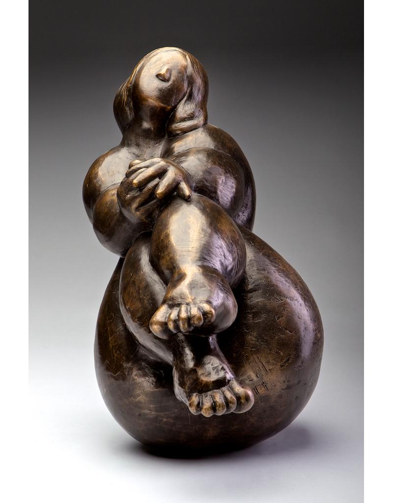 Monica Wyatt Figurative Sculpture - "Wiggle My Toes" Bronze sculpture of a curvy woman with crossed legs in front