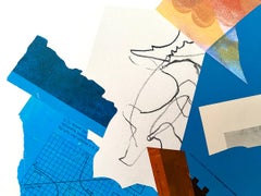 "And With Waves", Abstract Collage, Blue, Brown, Rust, Monotypes, Mixed Media