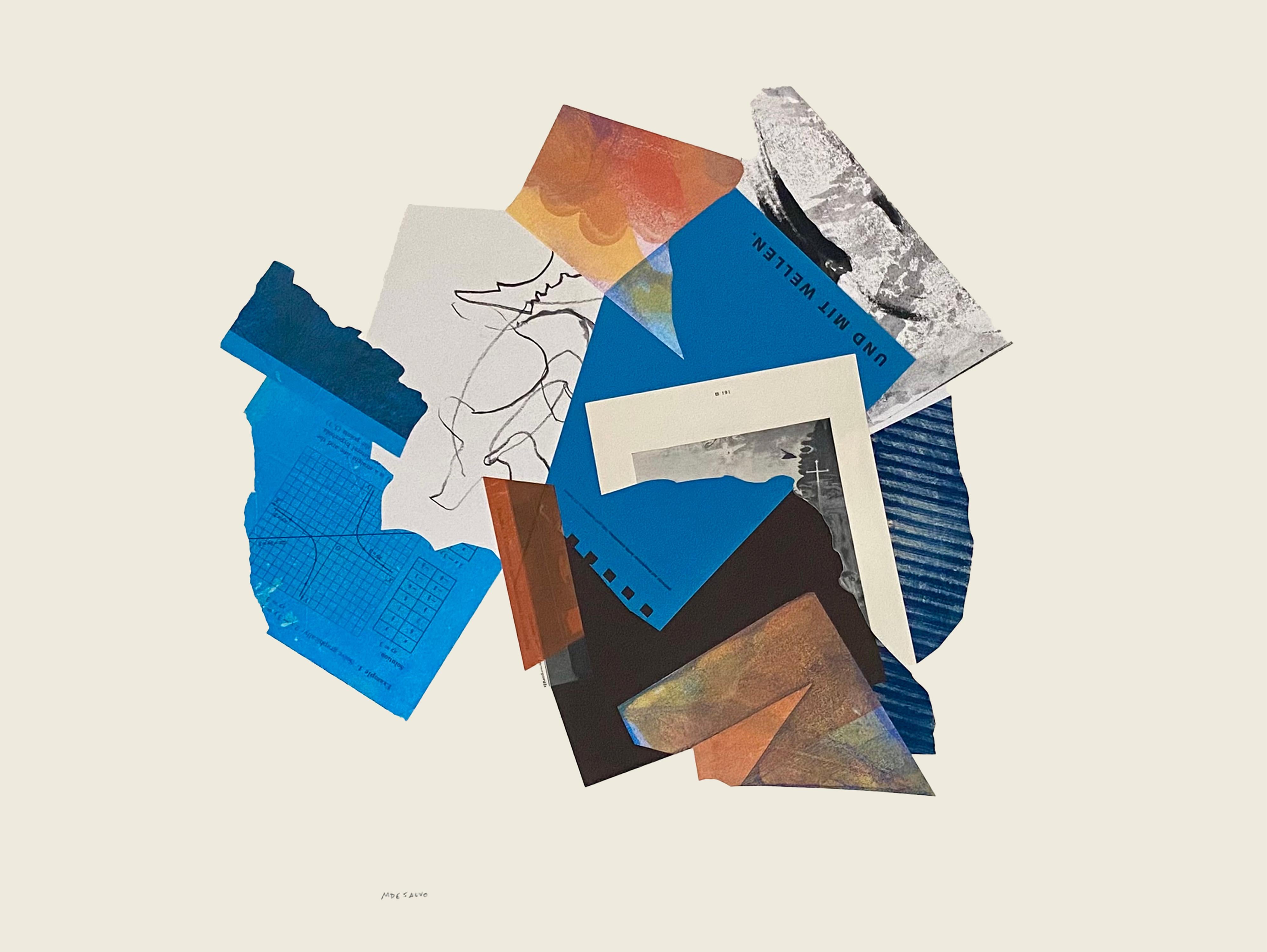 "And With Waves", Abstract Collage, Blue, Brown, Rust, Monotypes, Mixed Media