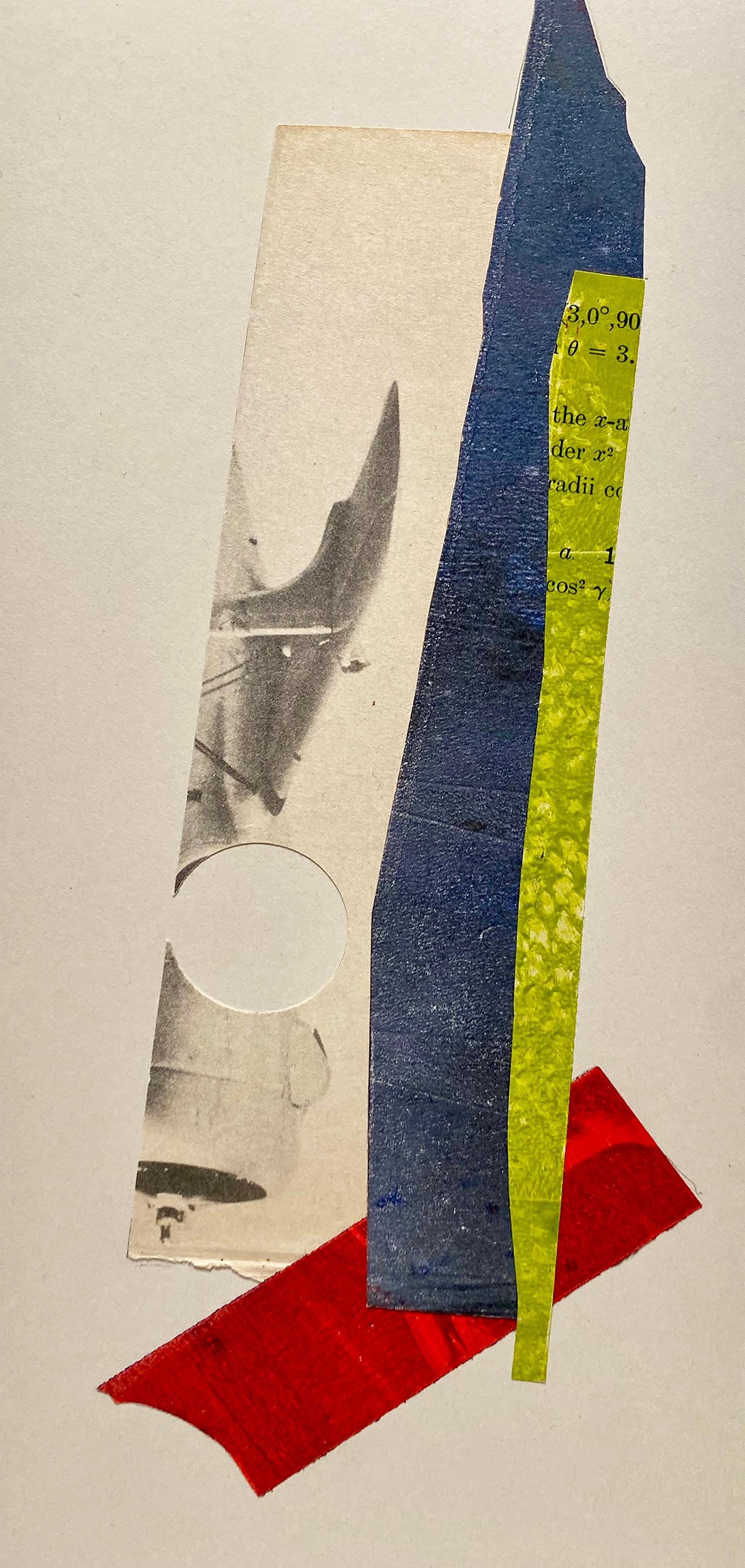 Monica DeSalvo’s “Cairns” is an 18 x 24 collage made up of a series of 4 individual 11 x 4.25 inch abstract collages with red, silver, chartreuse green, yellow, black, and blue on pale gray paper. Each collage has organic borders and is made up of