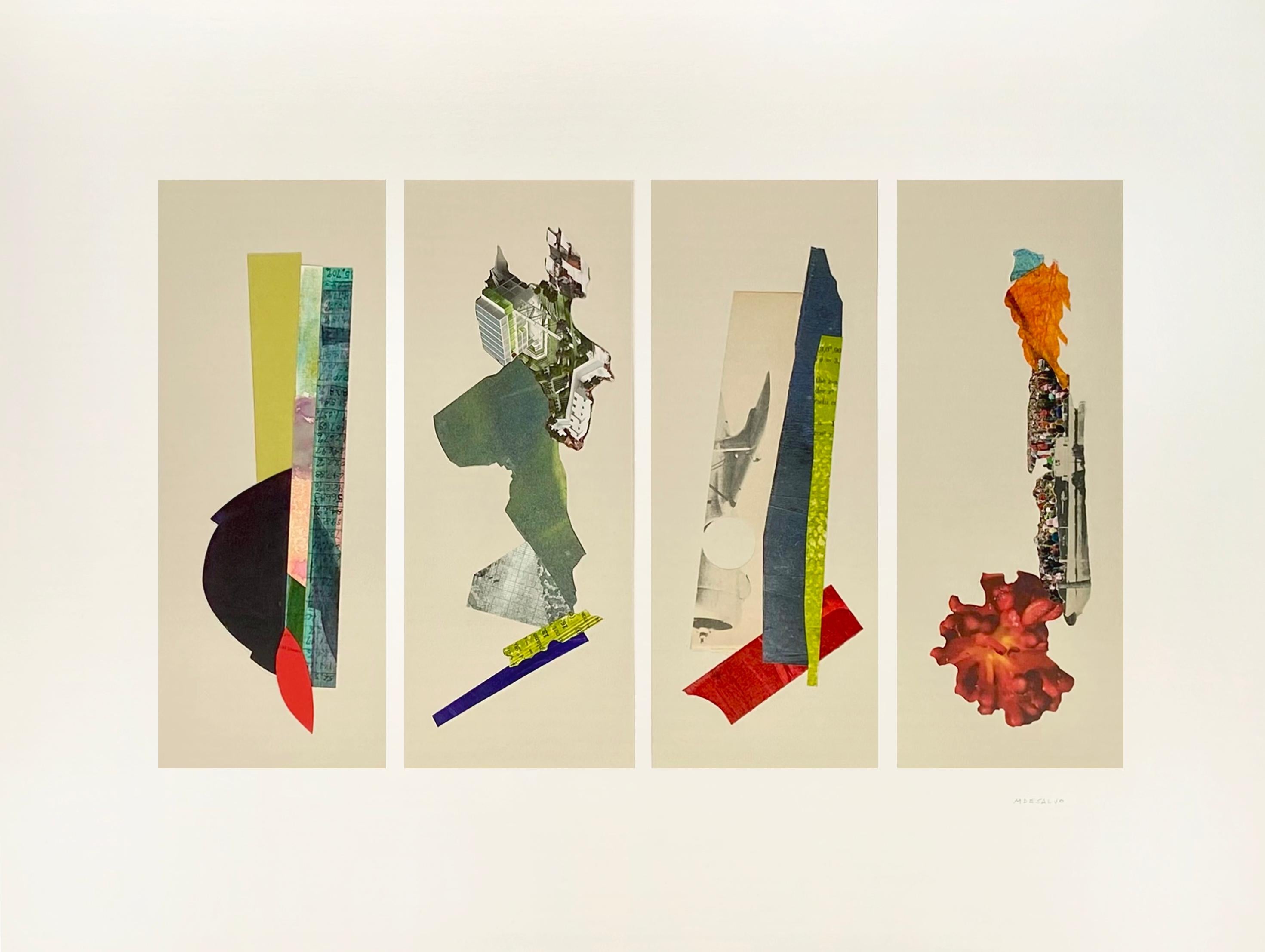 "Cairns", Abstract, Red, Green, Blue, Yellow, Silver, Collage, Mixed Media, 2025