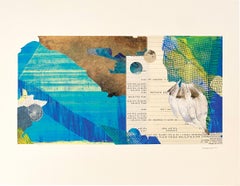"Cochlear Conundrum", Abstract, Shell, Blue, Monotype, Collage, Mixed Media