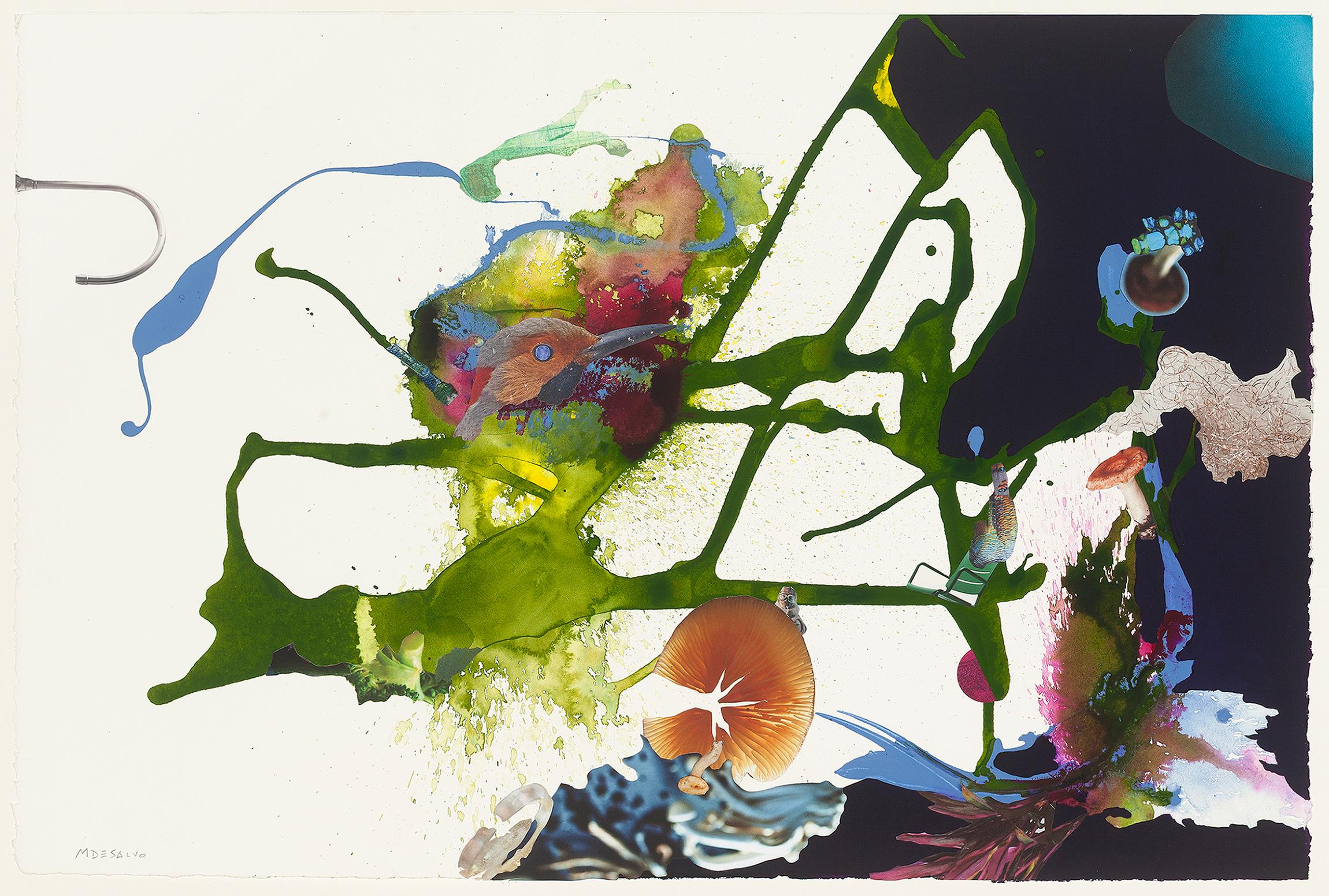 "Cornucopia cochléaire", abstrait, surréaliste, vert, collage, technique mixte, 2023.