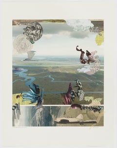 "C
est la nature qui vous laisse tranquille", paysages surréalistes, bleu, vert, collage, 2020.