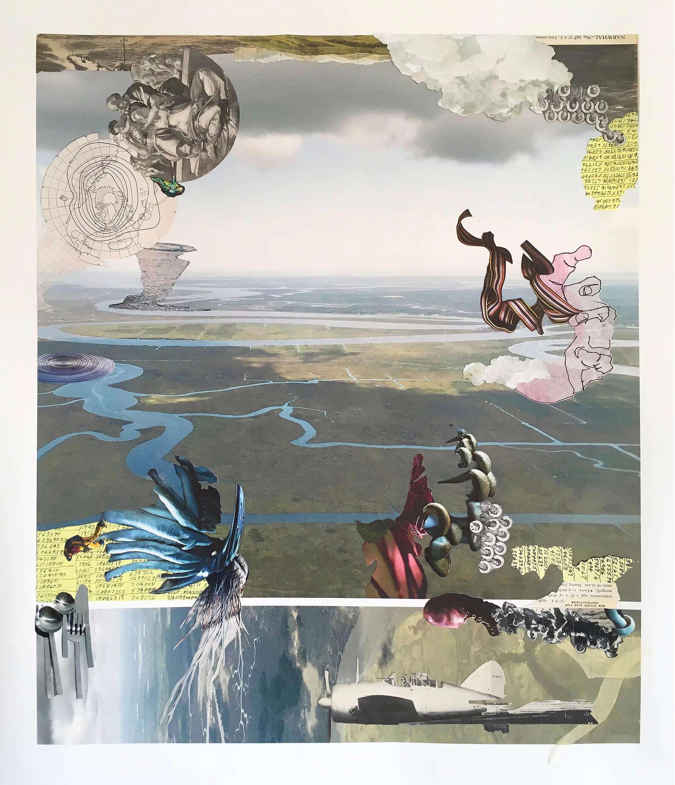 "It
s nature leaving you alone", Surreal Landscape, River, Blue, Green, Collage