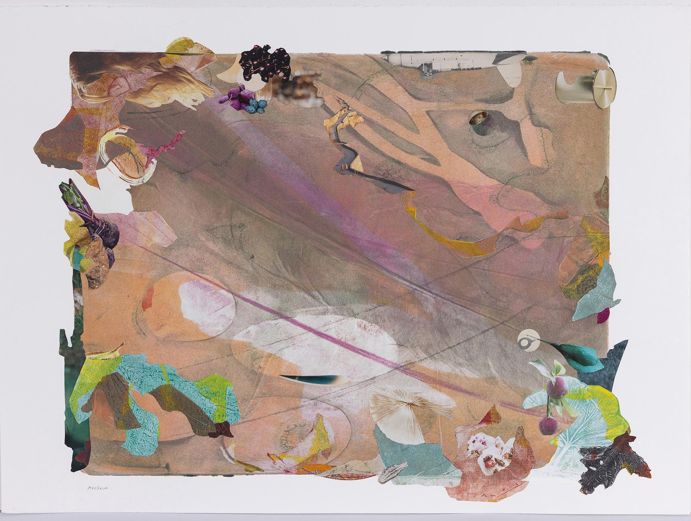 "Space Junk", Abstract, Surreal, Peach, Collage, Monotype, Mixed Media, 2023 - Mixed Media Art by Monica DeSalvo