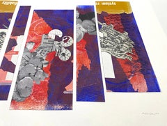 "System Liability", Abstract Collage, Red, Purple, Acrylic Monotype, Mixed Media