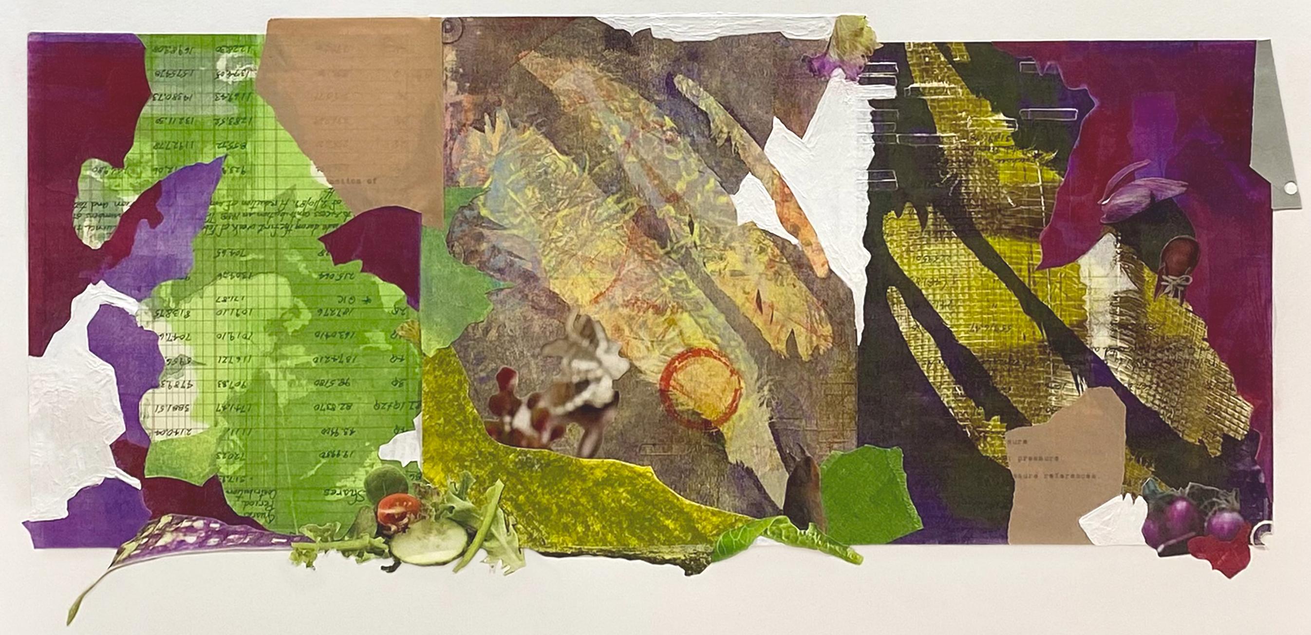 "The End of Sums", Abstract, Green, Yellow, Monotype, Collage, Mixed Media