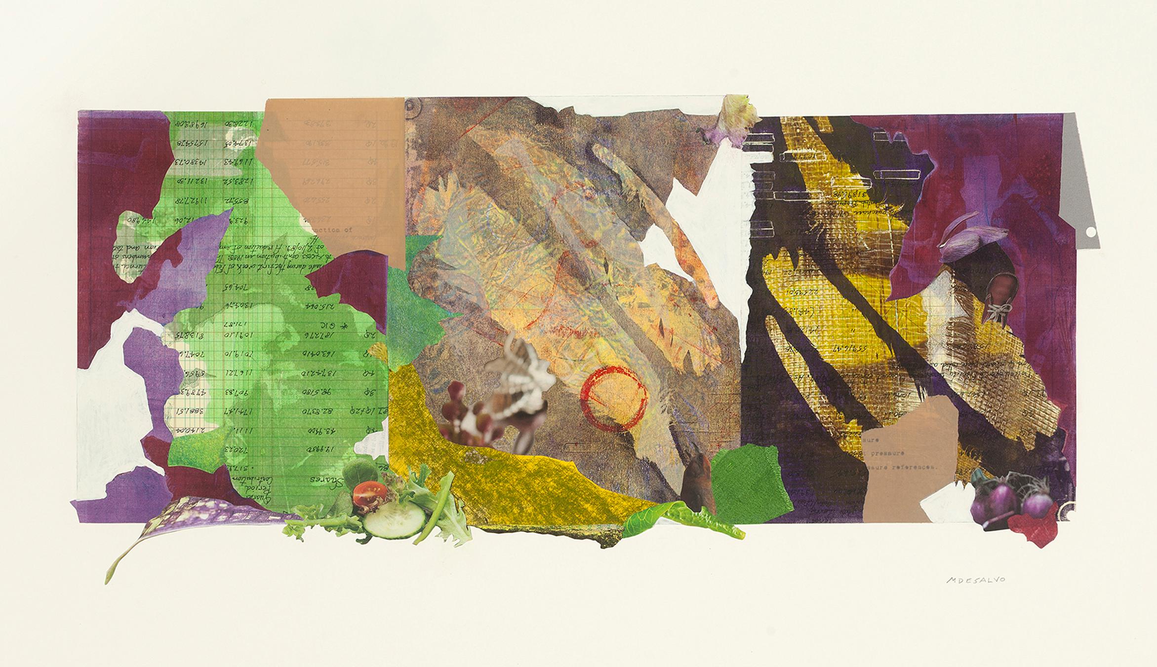 "The End of Sums", Contemporary, Green, Yellow, Monotype, Collage, Mixed Media