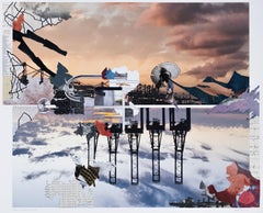 "Este es un lugar agujereado", Surrealista, Grullas, Naranja, Rosa, Azul, Collage, 2021