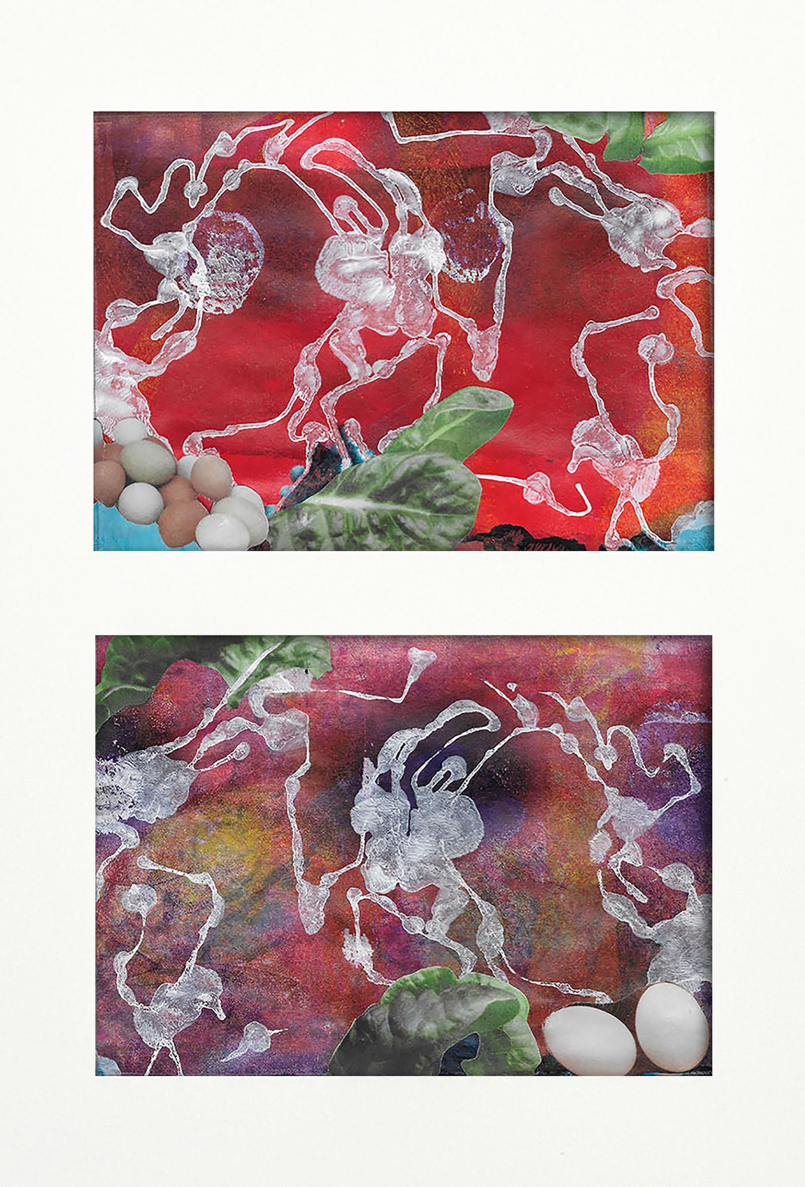 "Lanzando piedras", Abstracto, Huevos, Rojo, Blanco, Verde, Collage, Monotipo, 2017