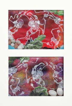"Throwing Stones", Astratto, Uova, Rosso, Bianco, Verde, Collage, Monotipo, 2017