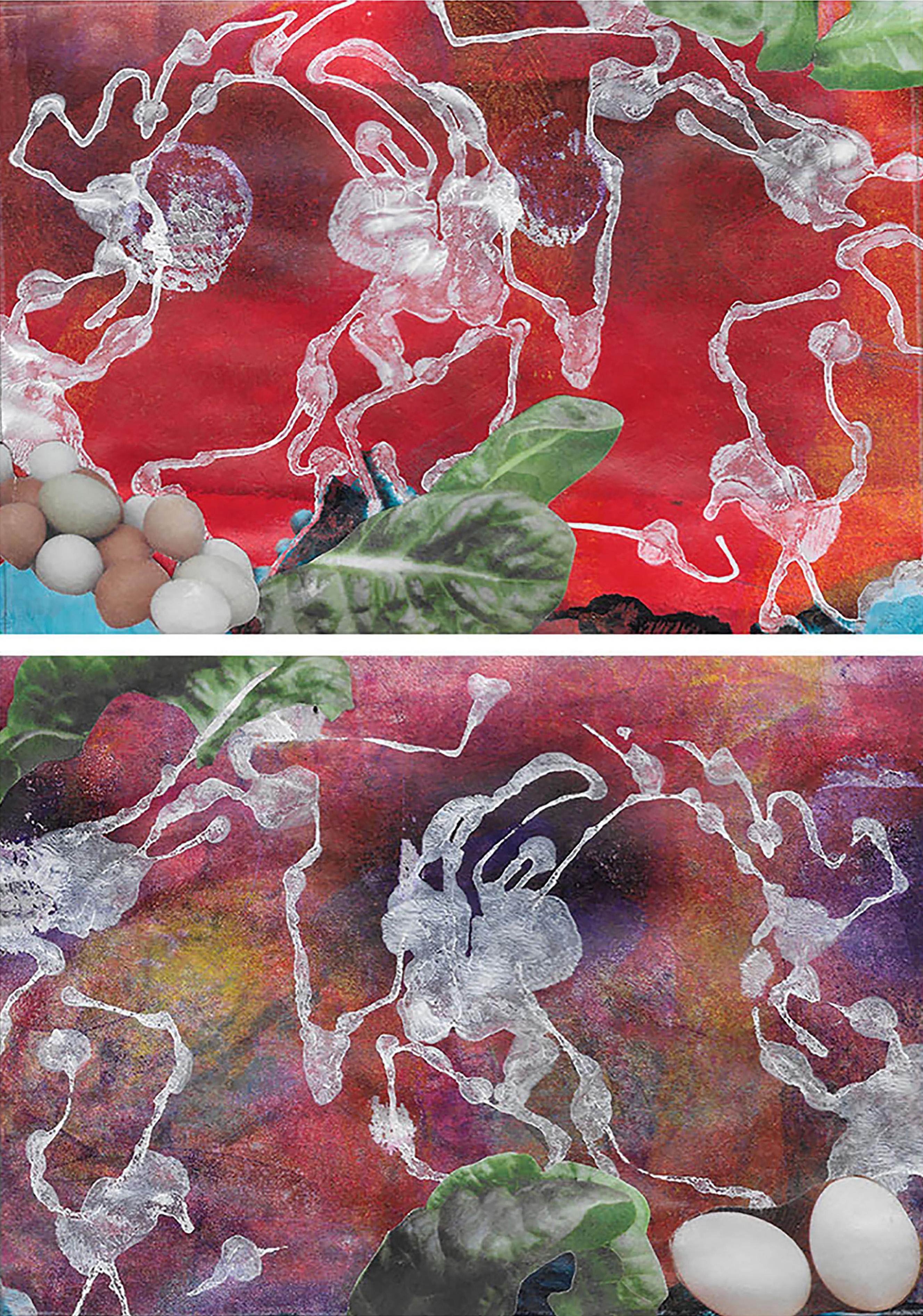 "Throwing Stones", Abstract, Eggs, Red, White, Green, Collage, Monotype - Mixed Media Art by Monica DeSalvo