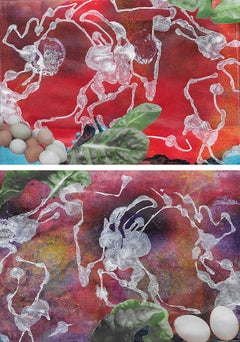 "Lanzando piedras", Abstracto, Huevos, Rojo, Blanco, Verde, Collage, Monotipo, 2017