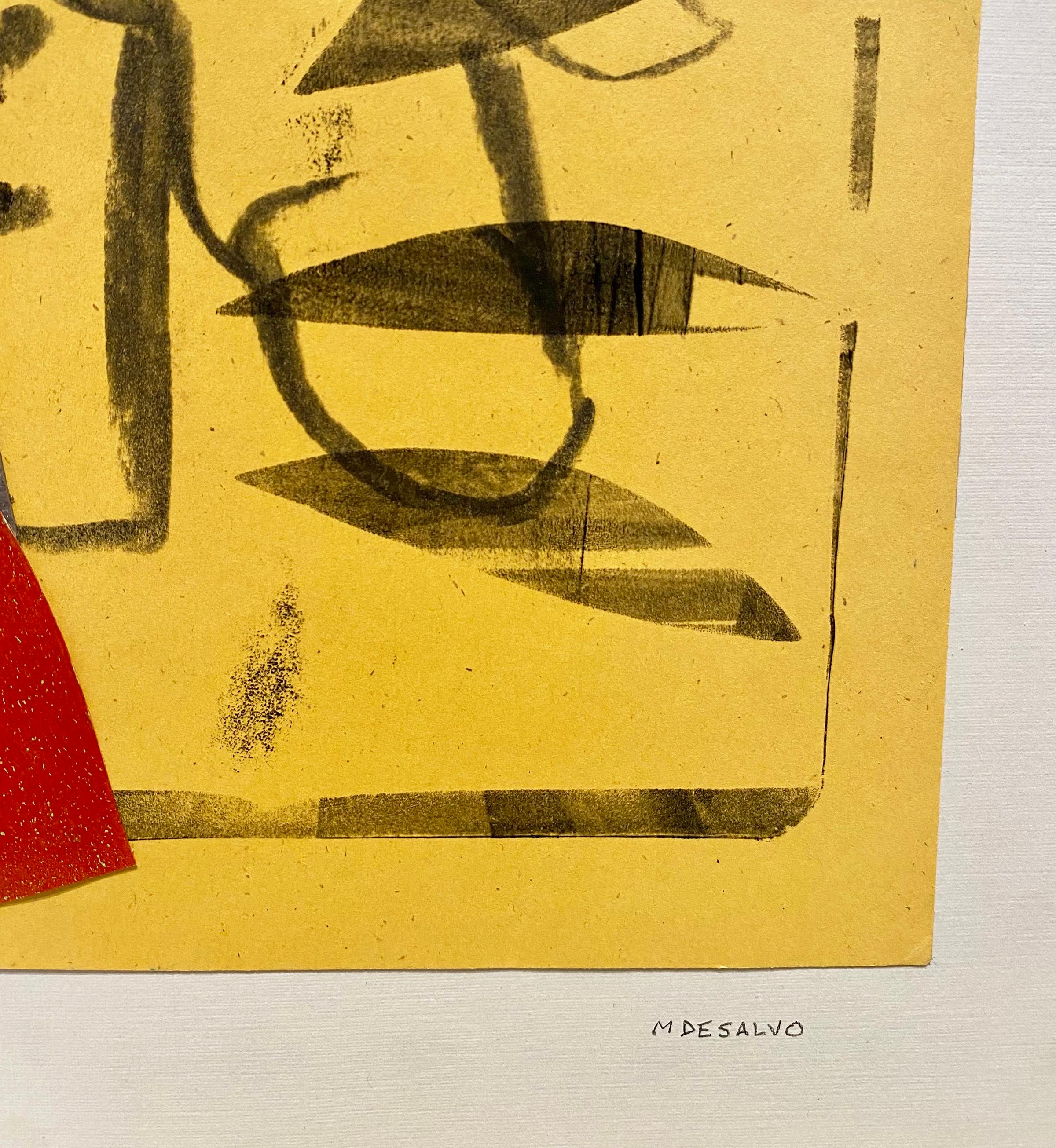 Monica DeSalvo’s “We’ll Know It When We See It” is a 12 x 18 abstract collage on pale gray paper with a linen finish. Collage elements include a deconstructed monotype on yellow paper with black and blue markings, a red print remnant, a dark silver