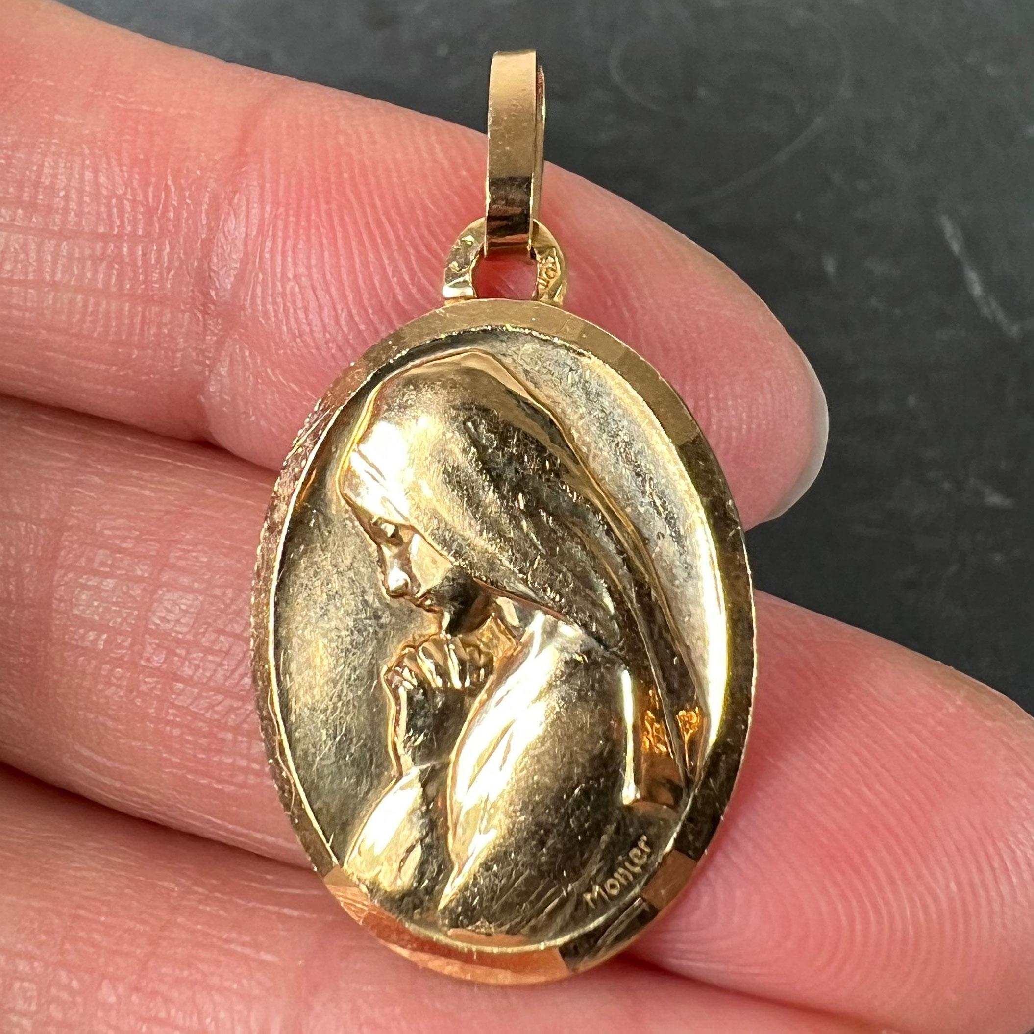 Monier Perriat French Virgin Mary Oval 18K Yellow Gold Pendant Medal For Sale 1